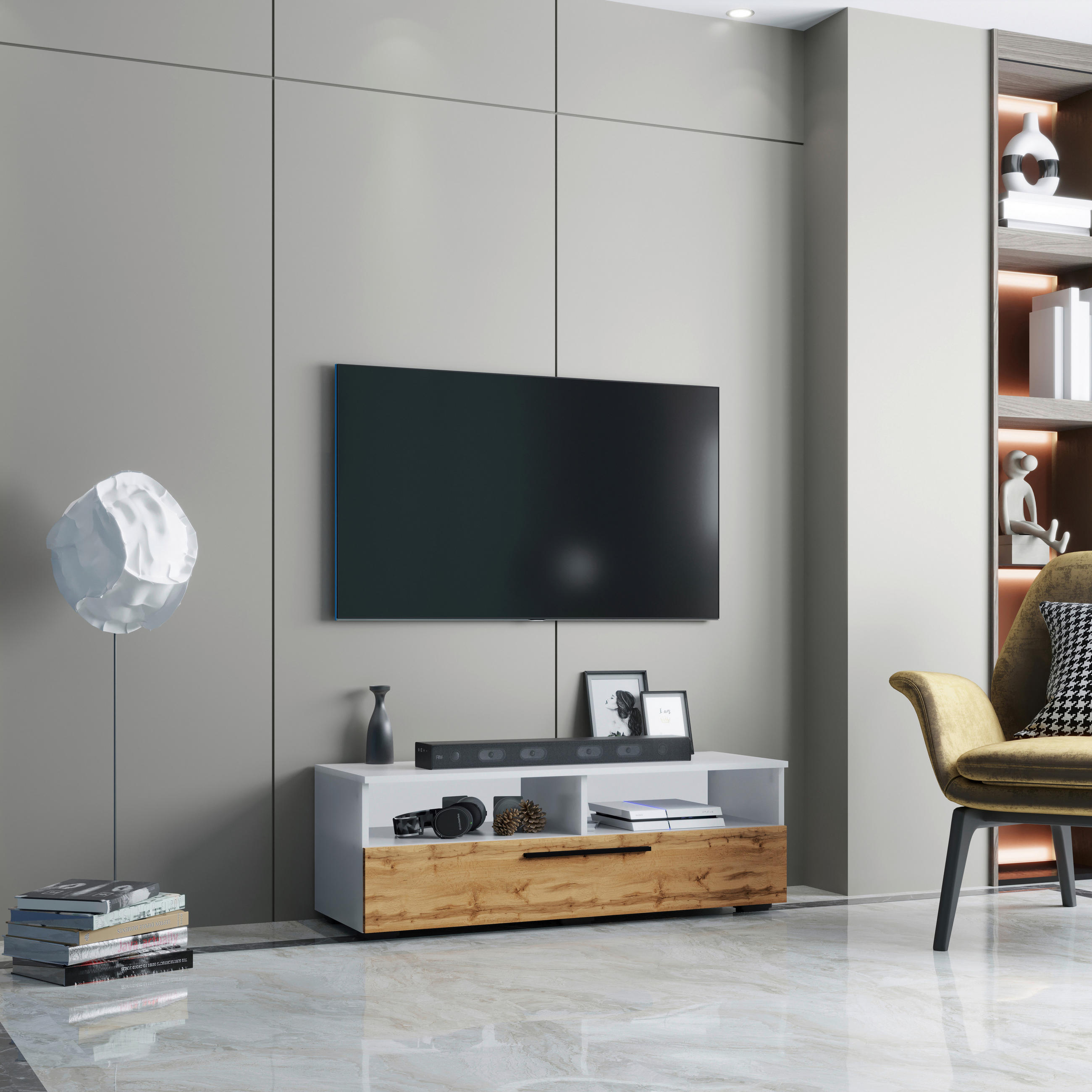 TV-BÄNK  i 115/39/40 cm  - honungsek/vit, Modern, metall/trämaterial (115/39/40cm) - MID.YOU