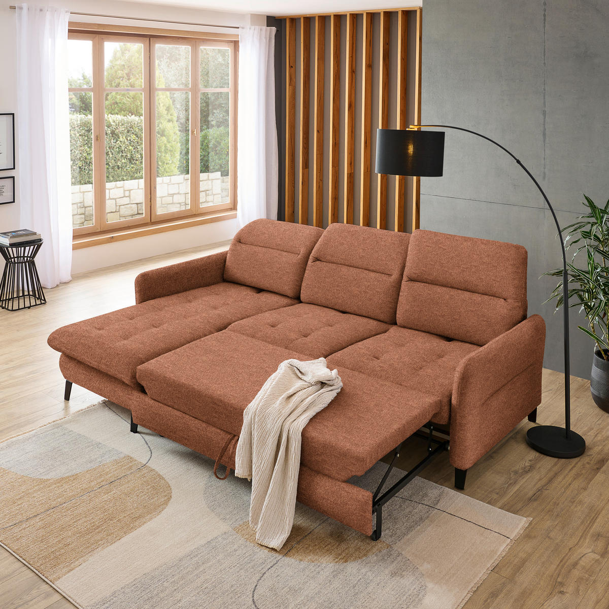 ECKSOFA Cognac Plüsch  - Cognac/Schwarz, KONVENTIONELL, Textil/Metall (190/254cm) - Livetastic