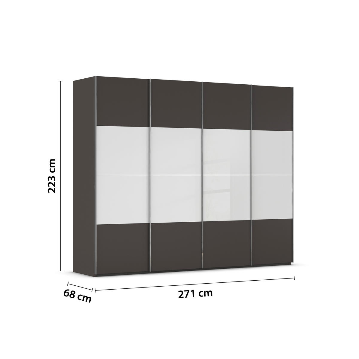 SCHWEBETÜRENSCHRANK 271/223/68 cm 4-türig Graphitfarben, Weiß  - Chromfarben/Graphitfarben, KONVENTIONELL, Glas/Holzwerkstoff (271/223/68cm) - Novel