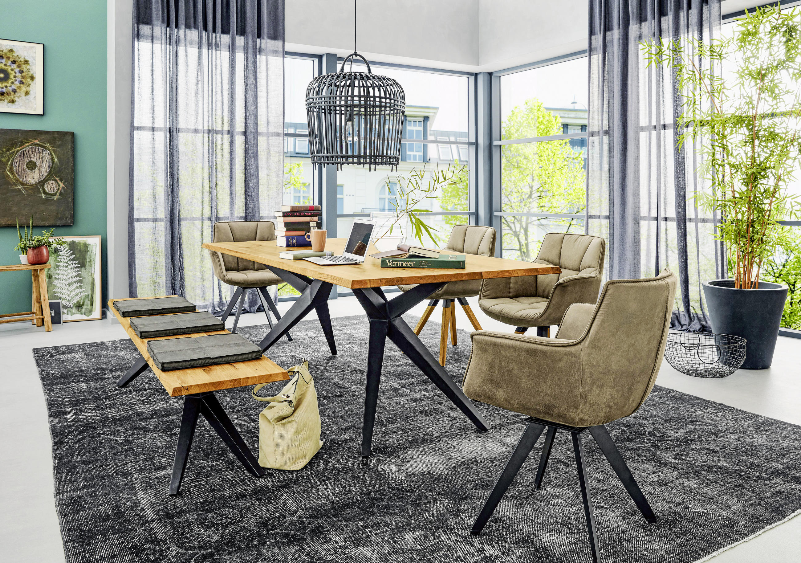 ESSTISCH 200/100/76 cm Eiche massiv Holz Schwarz, Eichefarben rechteckig - Eichefarben/Schwarz, Design, Holz/Metall (200/100/76cm) - Musterring