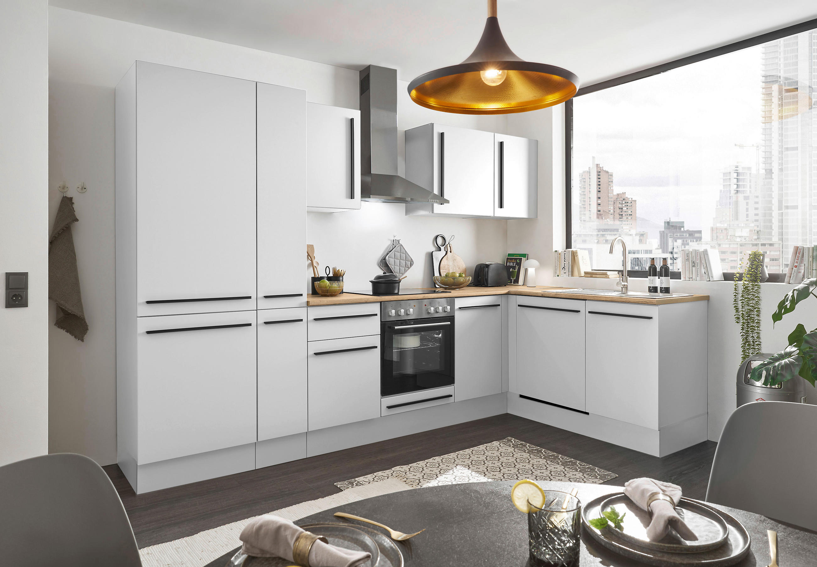 ECKKÜCHE 310/175 cm  in Weiß, Eichefarben  - Eichefarben/Schwarz, Design, Holzwerkstoff/Kunststoff (310/175cm) - MID.YOU