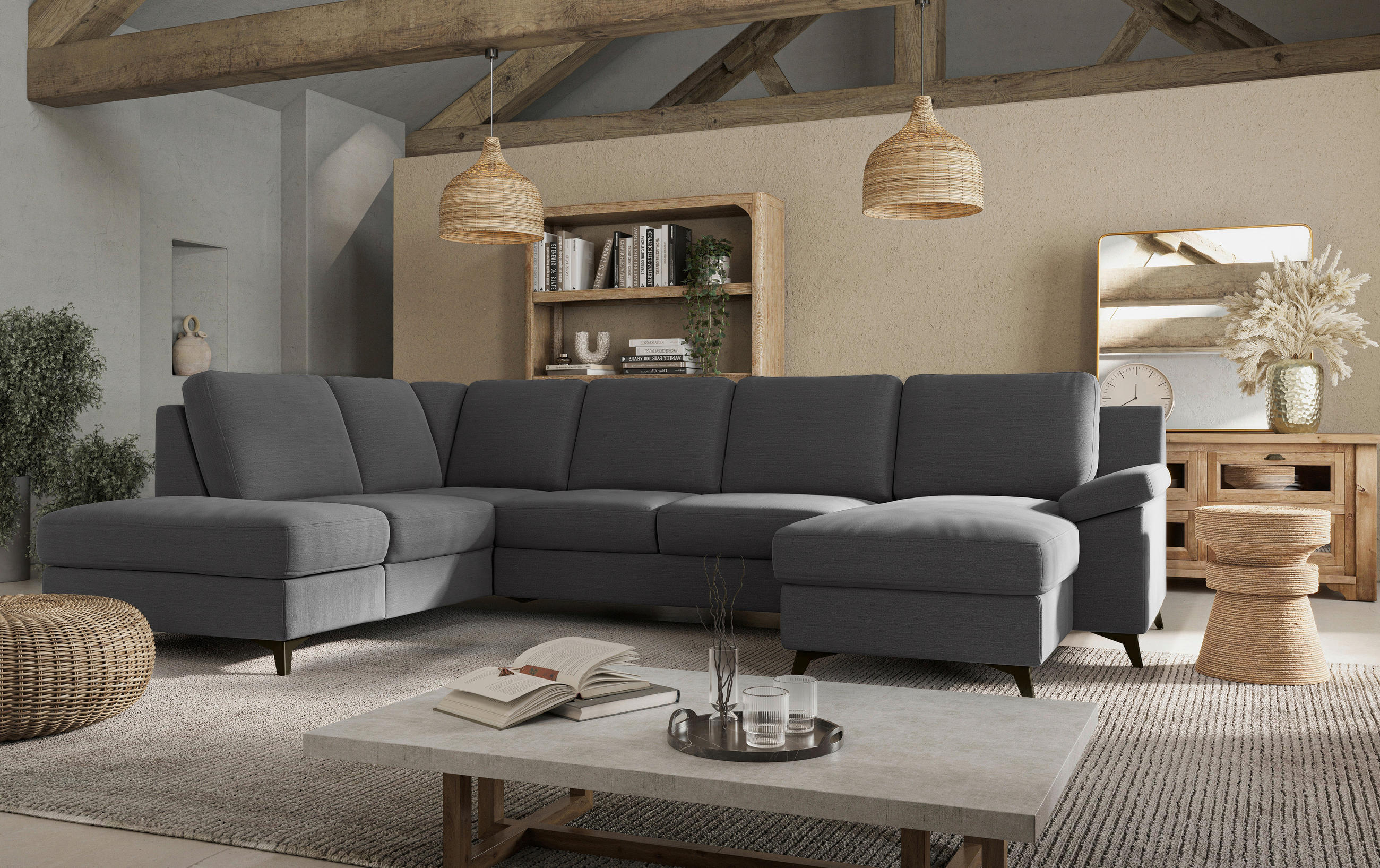 WOHNLANDSCHAFT in Flachgewebe Dunkelgrau - Dunkelgrau/Schwarz, Konventionell, Textil/Metall (204/309/156cm) - Cotta