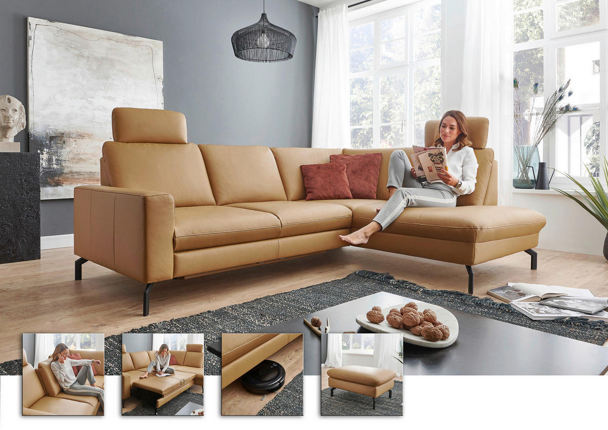 ECKSOFA in Echtleder Currygelb  - Currygelb/Schwarz, Design, Leder/Metall (194/250cm) - Beldomo Premium