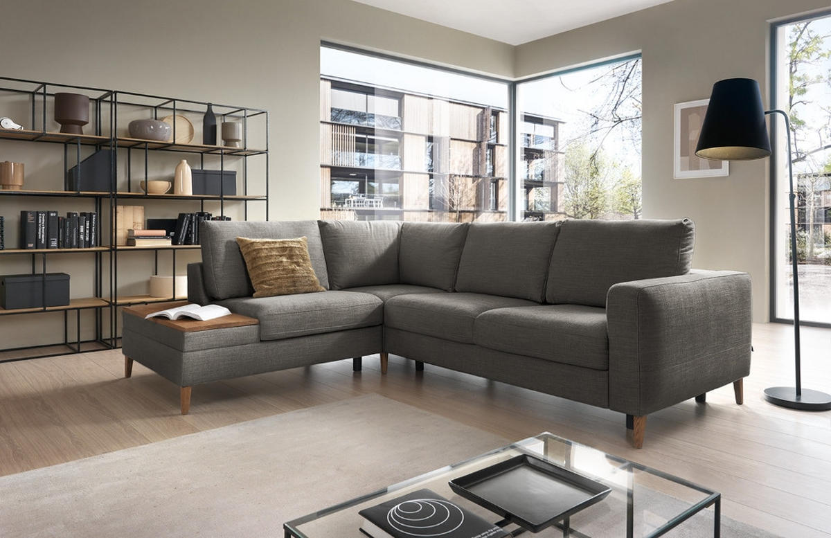 ECKSOFA in Webstoff Dunkelgrau  - Dunkelgrau/Eschefarben, Modern, Holz/Textil (260/90/204cm) - Trendmanufaktur