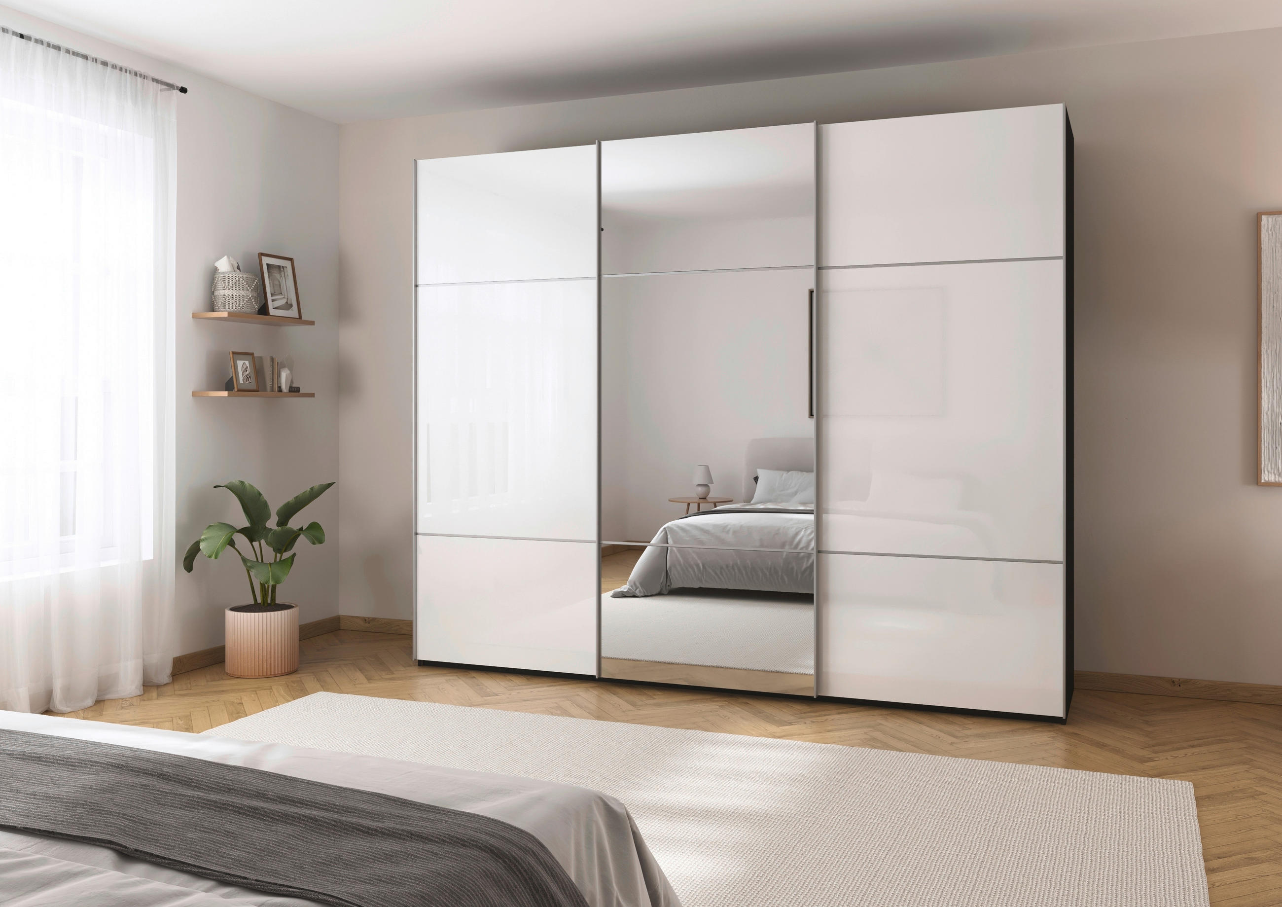 SCHWEBETÜRENSCHRANK in Schwarz, Weiss  - Weiss/Alufarben, Konventionell, Glas/Holzwerkstoff (271/223/68cm) - Novel