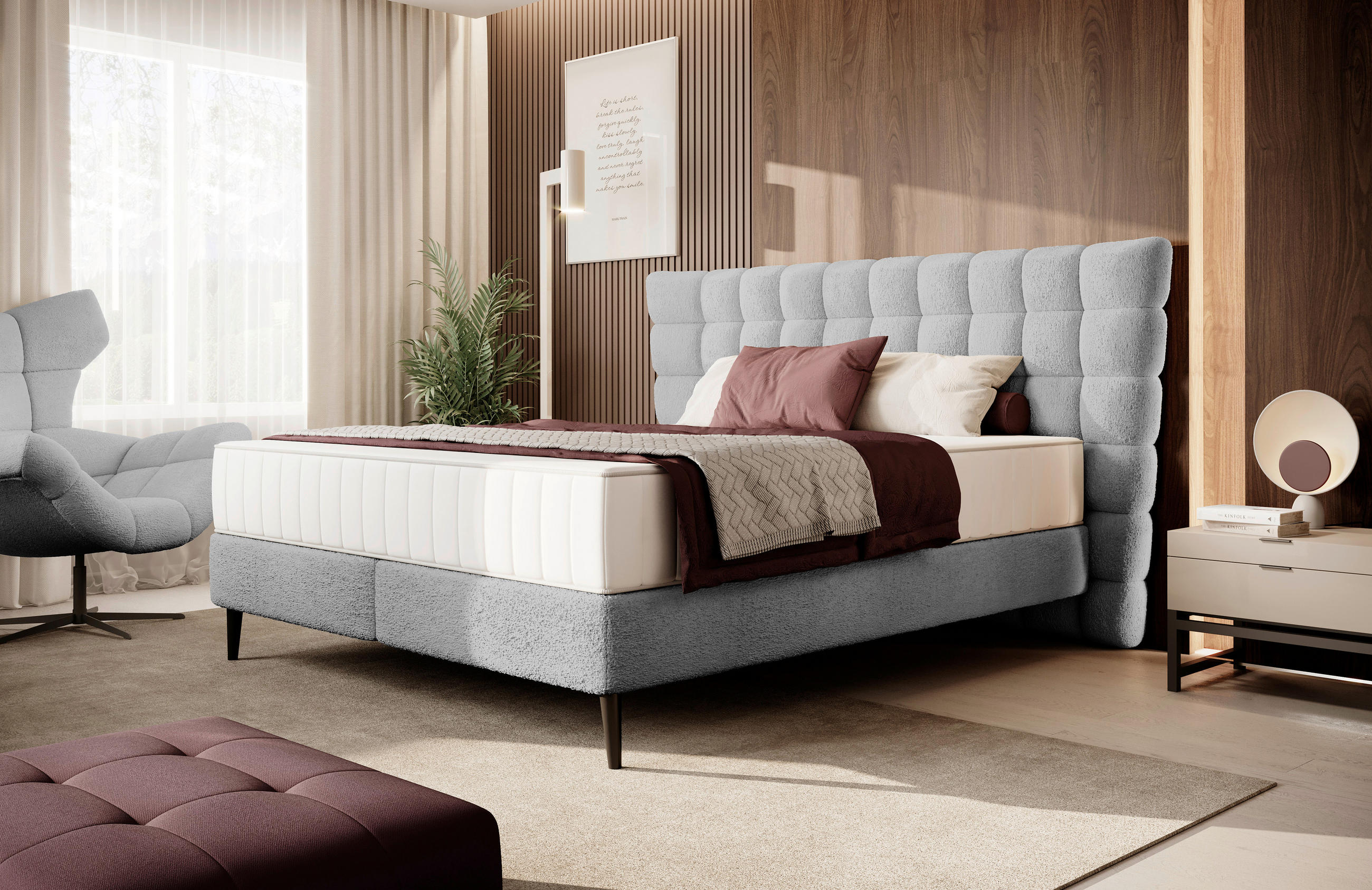 Thumbnail - home24 Boxspringbett, Hellgrau, Textil, Kiefer,Birke, Sperrholz, Uni, H3, 7-Zonen, Höhe ca. 25 cm, 180x200 cm, Made in E...