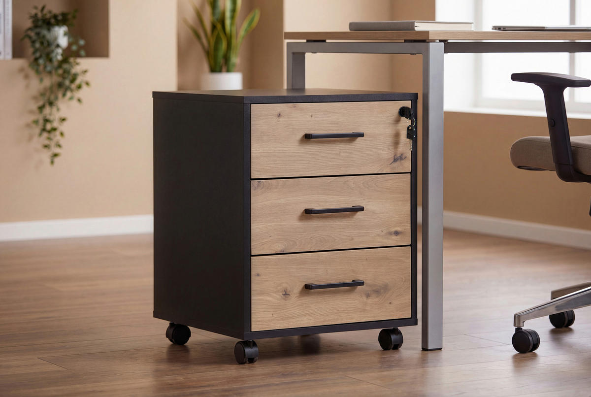 ROLLCONTAINER Schwarz, Eiche Artisan  - Schwarz/Eiche Artisan, MODERN, Holzwerkstoff/Kunststoff (43/56/42cm) - Livetastic