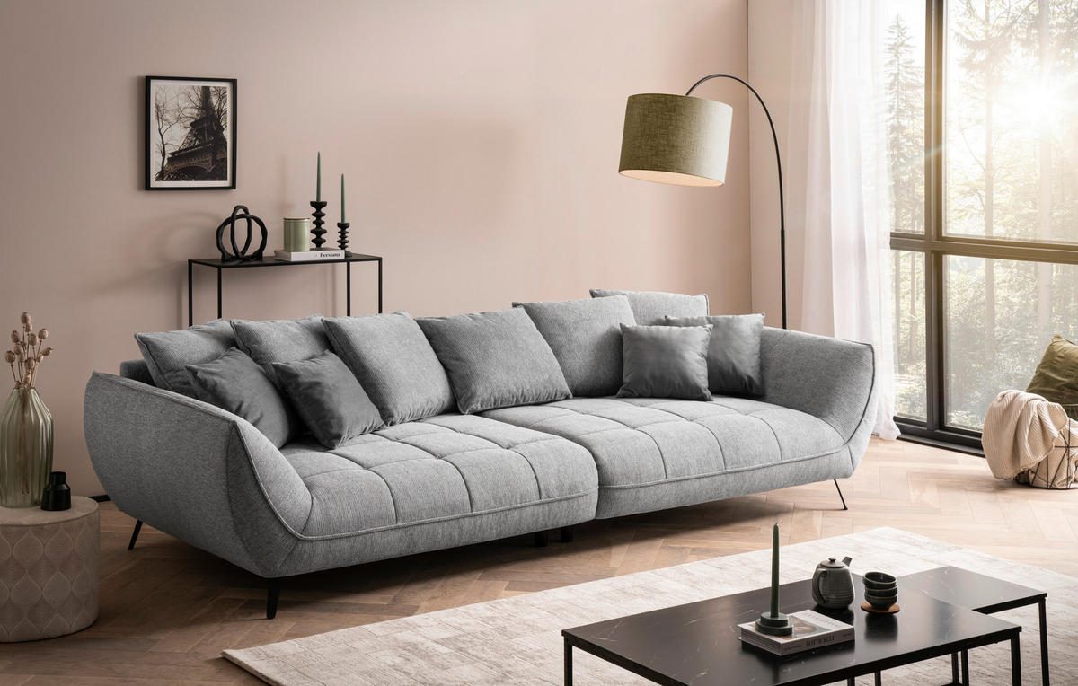 BIGSOFA TRITON Flachgewebe Hellgrau  - Hellgrau/Schwarz, Design, Textil/Metall (311/95/130cm) - Livetastic