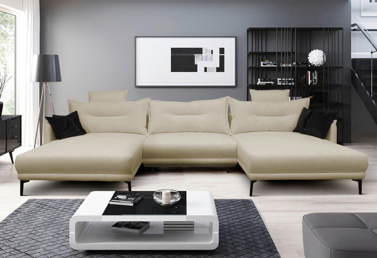 WOHNLANDSCHAFT NUOVO U Beige Cord  - Beige/Schwarz, Design, Textil/Metall (194/360/194cm) - MID.YOU