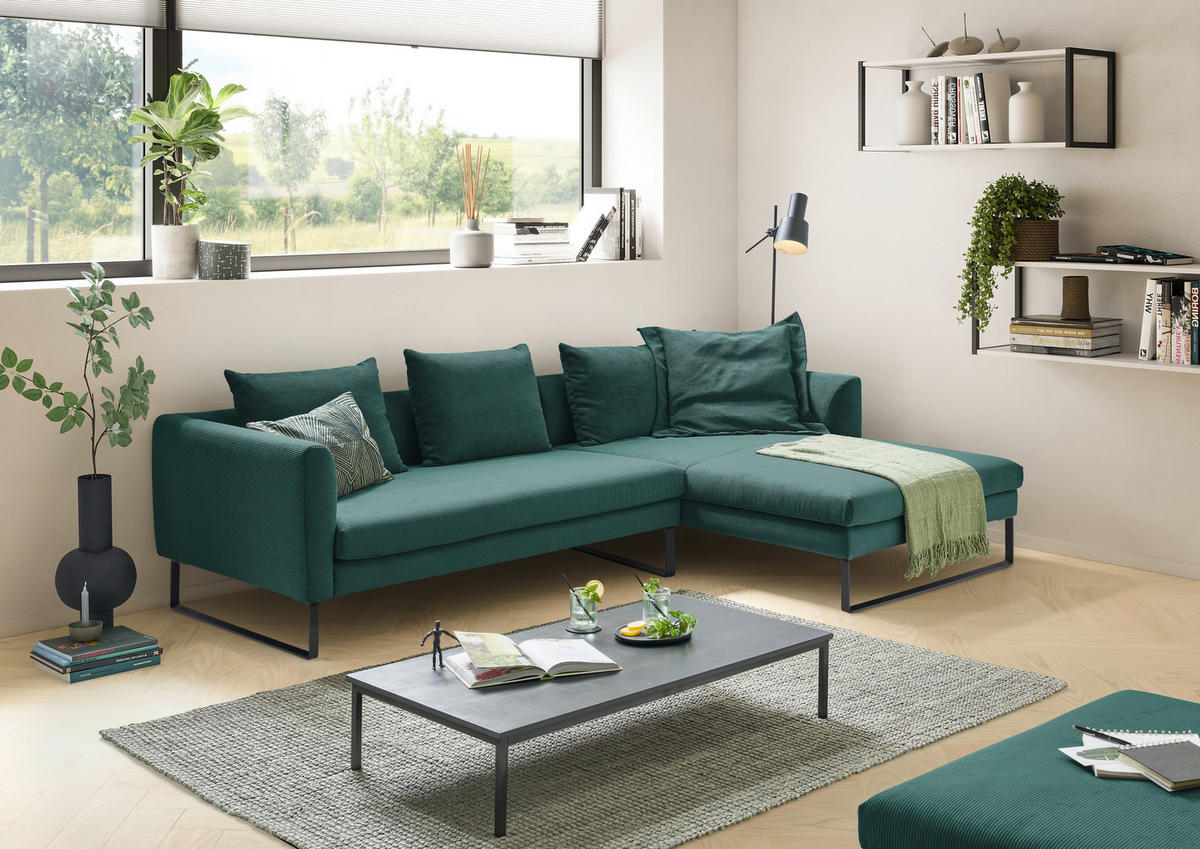 ECKSOFA in Feincord Grün  284/178 cm  - Schwarz/Grün, KONVENTIONELL, Textil/Metall (284/178cm) - Hom`in