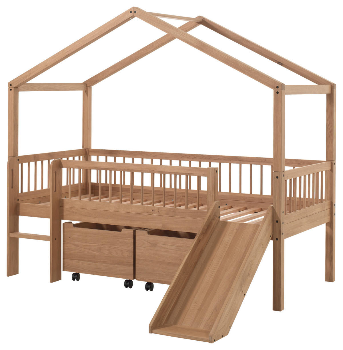 HAUSBETT Absturzsicherung, Leiter, Rutsche, Rollrost, Bettschublade 90/200 cm  - Eichefarben/Naturfarben, MODERN, Holz (90/200cm) - MID.YOU