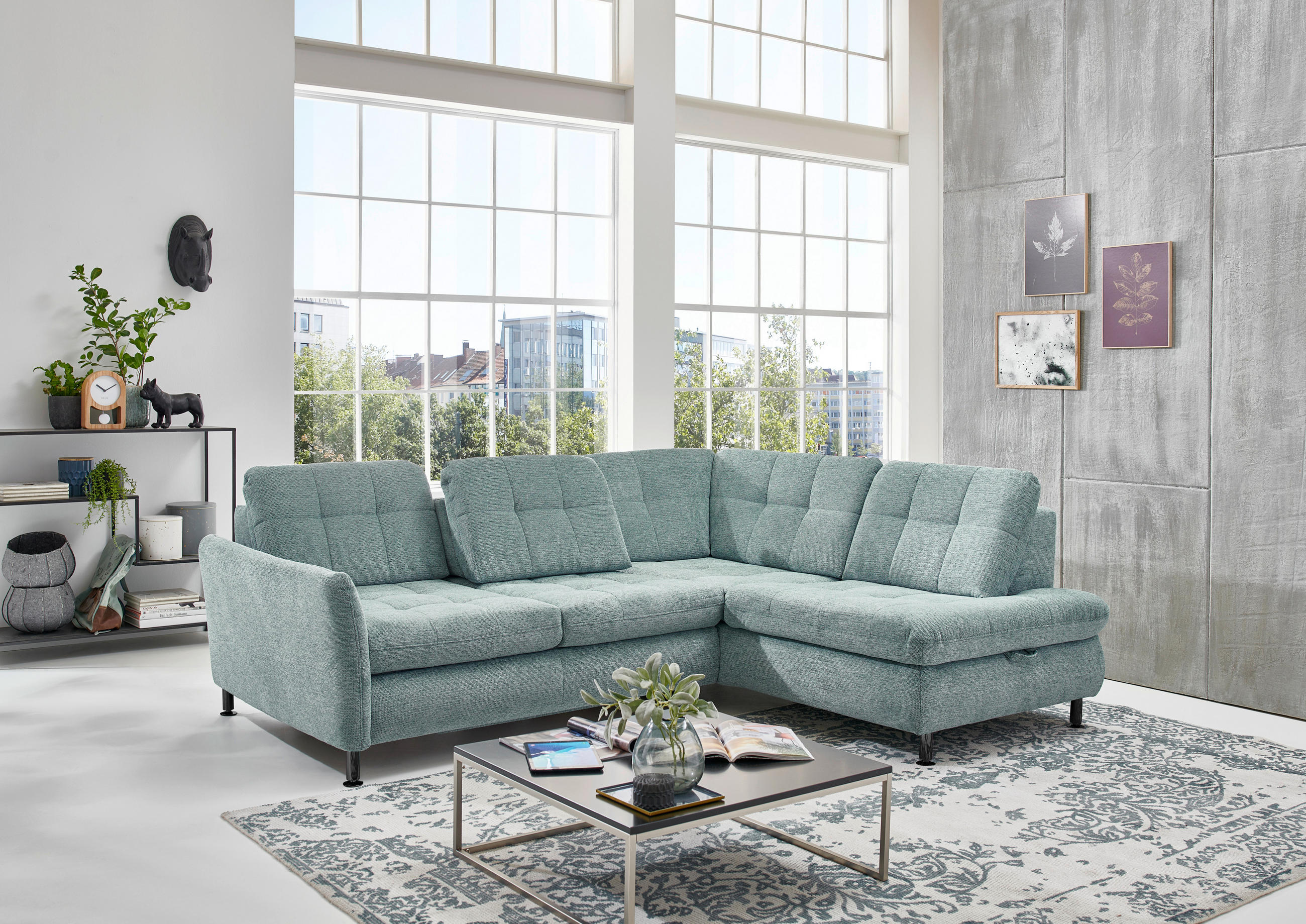 ECKSOFA in Webstoff Türkis  - Türkis/Schwarz, Konventionell, Textil/Metall (242/210cm) - Beldomo Style