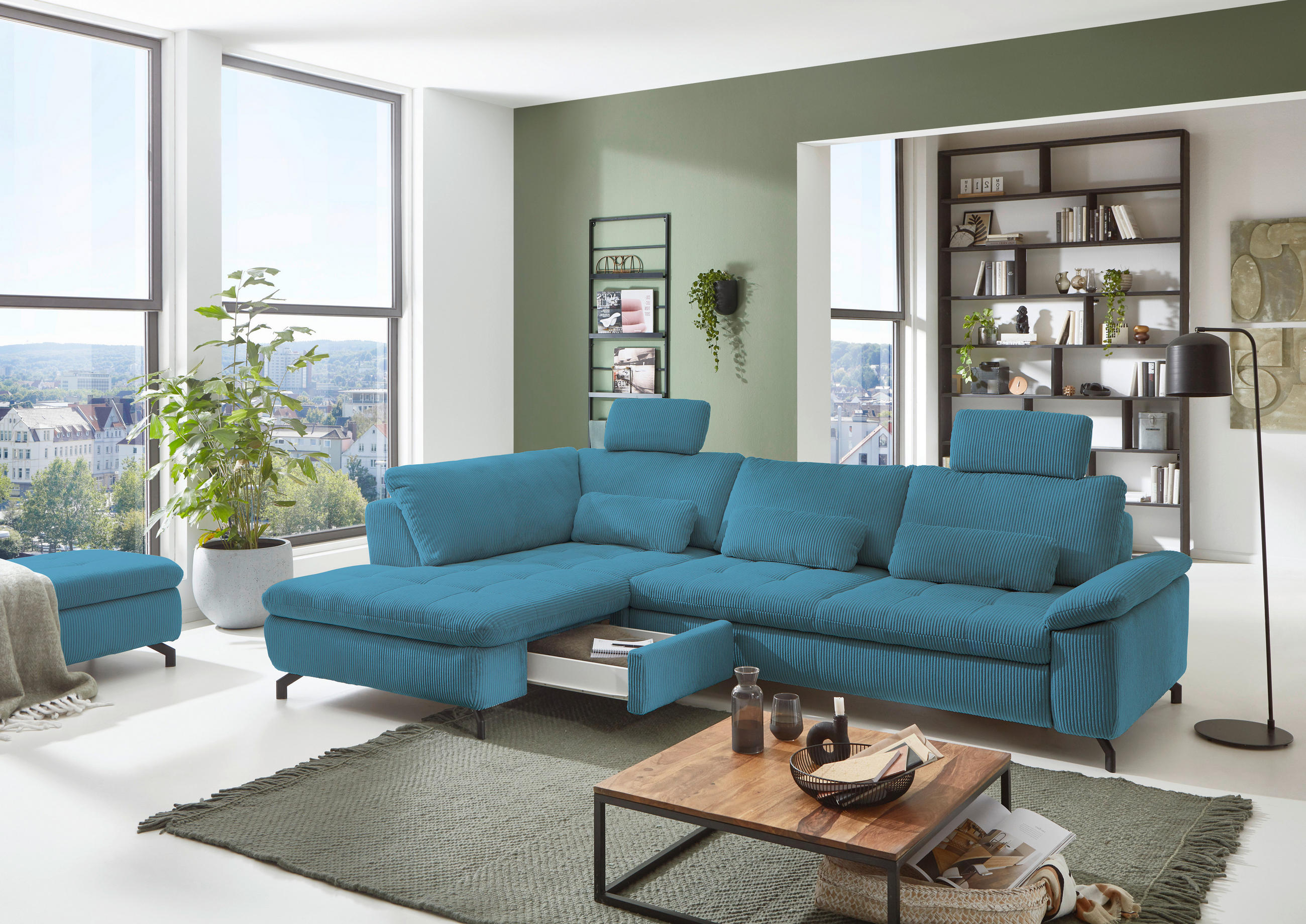 ECKSOFA inkl. Funktionen Sense Petrol Cord, Velours  - Petrol/Schwarz, Design, Textil/Metall (197/291cm) - Beldomo Style