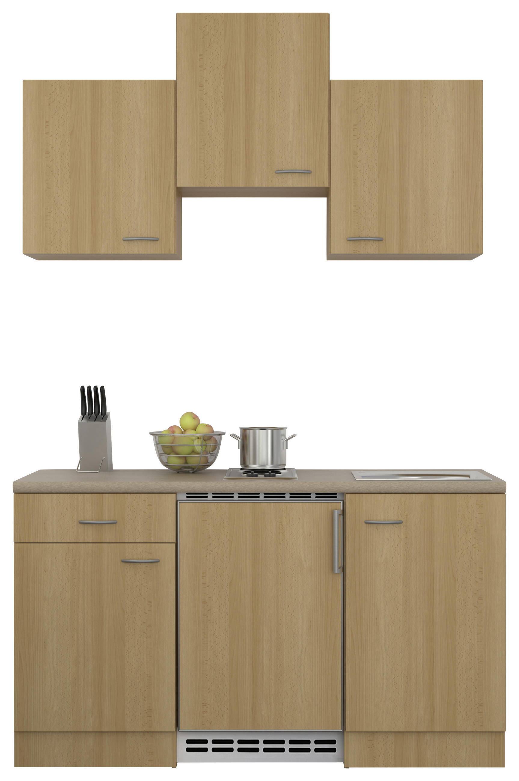 MINIKÜCHE 150 cm in Creme, Buchefarben, Edelstahlfarben - Edelstahlfarben/Buchefarben, MODERN (150cm) - MID.YOU