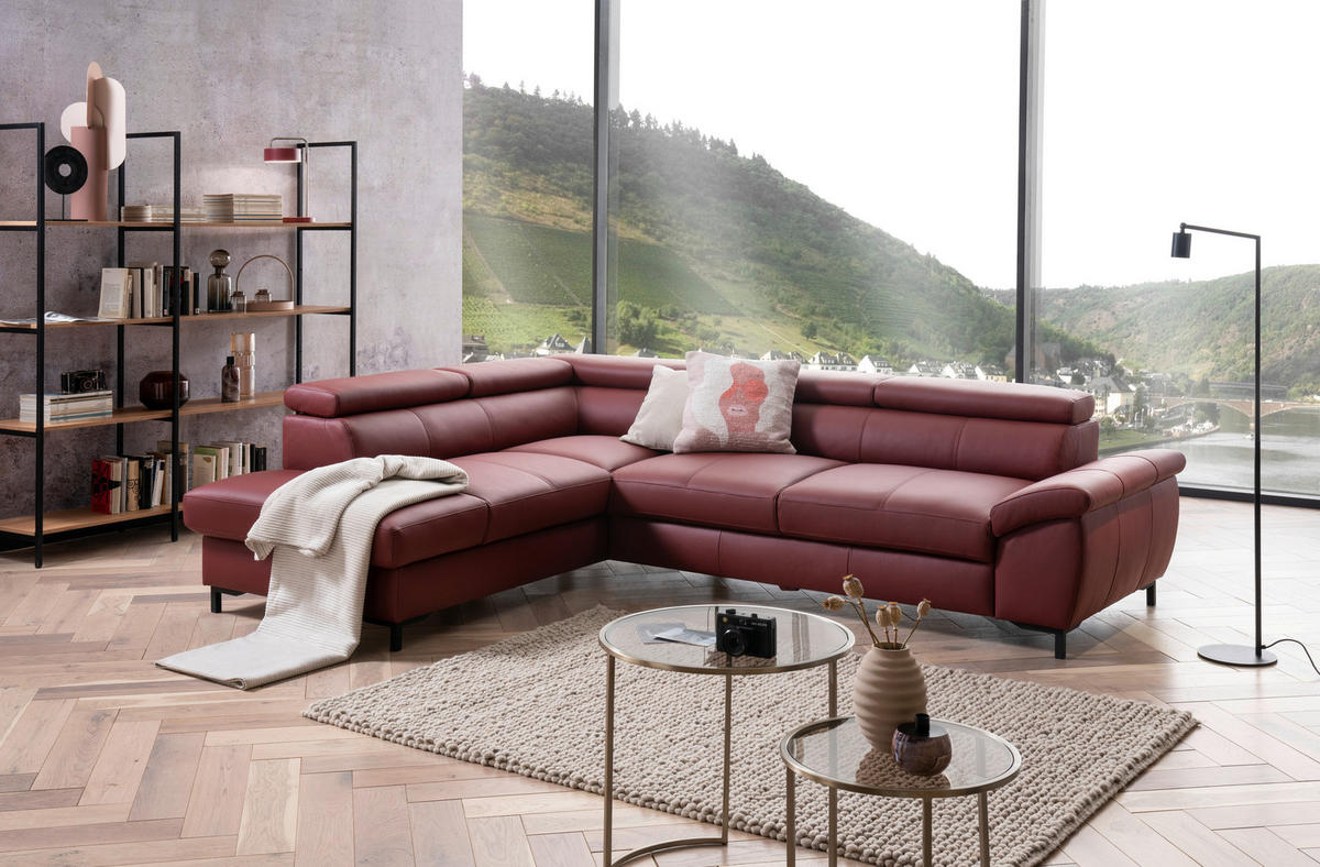 ECKSOFA Bordeaux Echtleder  - Bordeaux/Schwarz, Design, Leder/Metall (213/268cm)