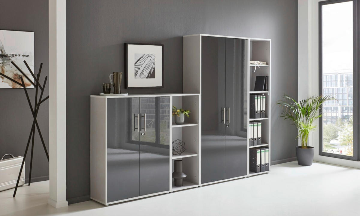 BÜRO erweiterbar, abschließbar Grau, Anthrazit Hochglanz - Anthrazit Hochglanz/Grau, MODERN, Holzwerkstoff/Metall - MID.YOU