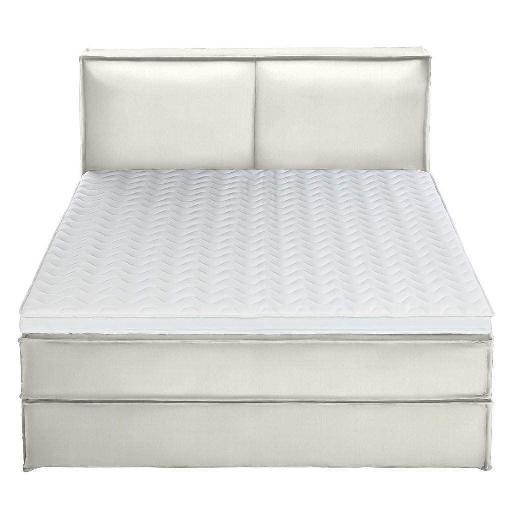 Thumbnail - home24 Boxspringbett Kinx, Creme, Textil, H2 + H3, 7-Zonen, Höhe ca. 24 cm, 200x200 cm, gepolstertes Kopfteil, Topper du...