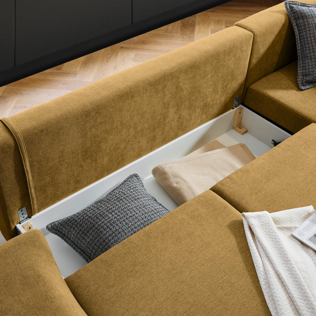 ECKSOFA inkl. Funktionen Senfgelb Webstoff Rückenkissen, Bettkasten, Schlaffunktion, Rücken echt  - Wengefarben/Senfgelb, Design, Holz/Textil (314/211cm) - Stylife