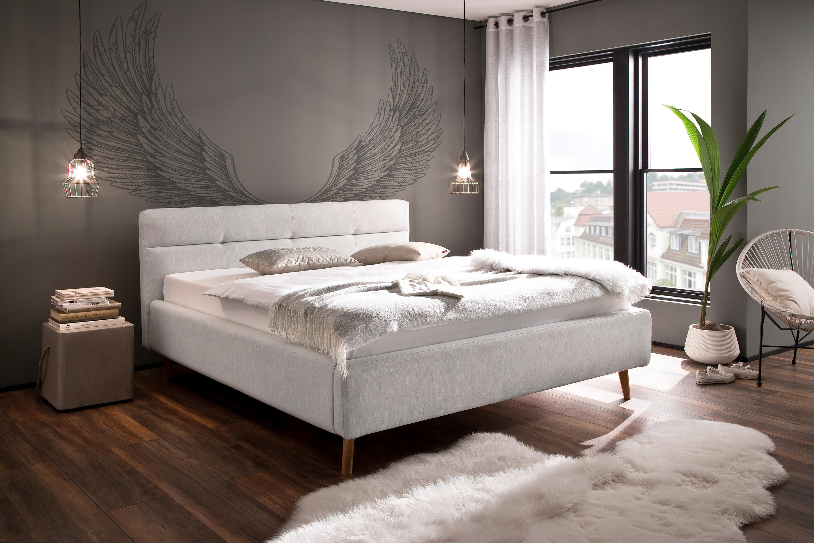 POLSTERBETT 180/200 cm  Hellgrau  - Eichefarben/Birkefarben, Konventionell, Holz/Textil (180/200cm) - Boxxx