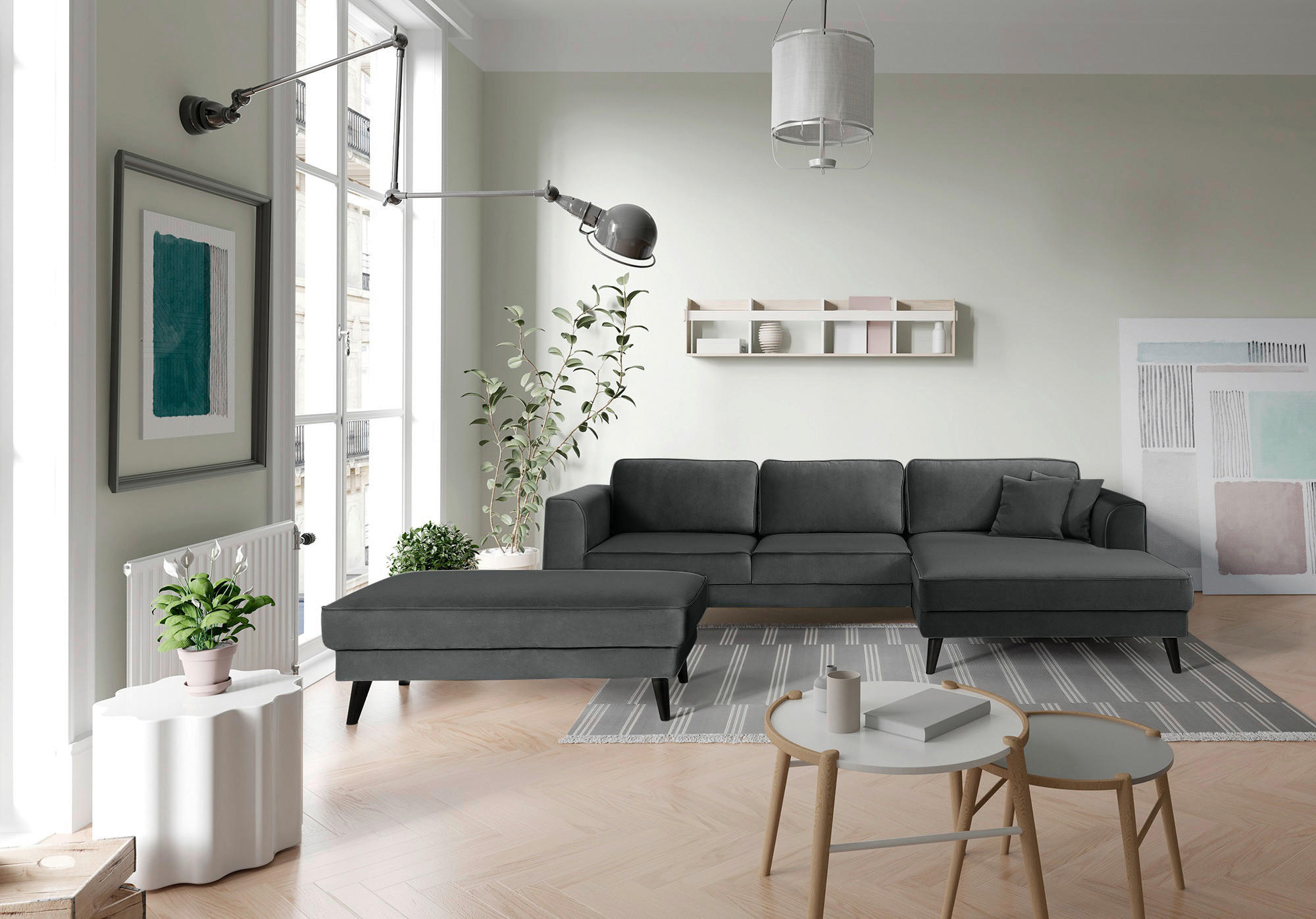 HOCKER Samt Dunkelgrau  - Wengefarben/Dunkelgrau, MODERN, Holz/Textil (123/45/74cm) - MID.YOU