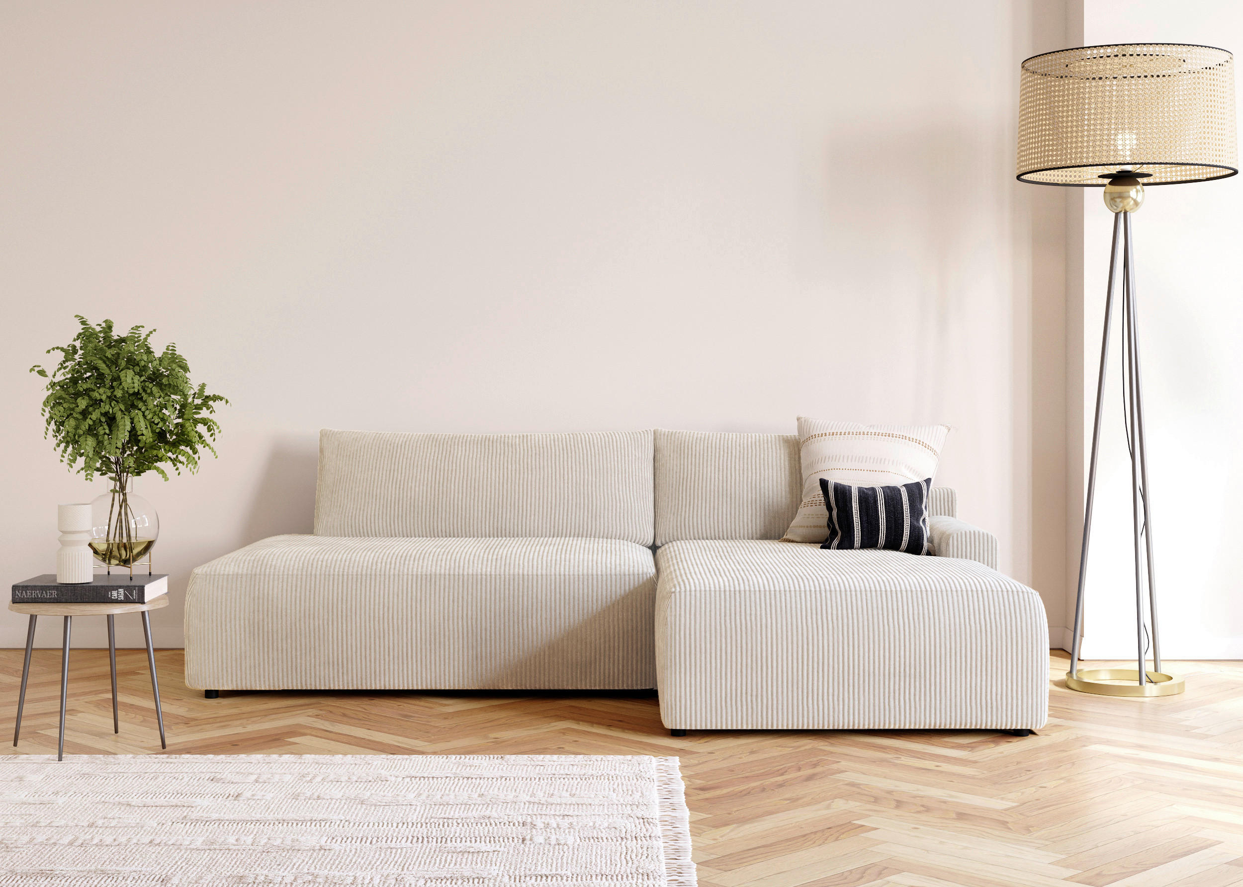 ECKSCHLAFSOFA Cord Creme  - Creme/Schwarz, MODERN, Kunststoff/Textil (253/167cm) - Trendmanufaktur