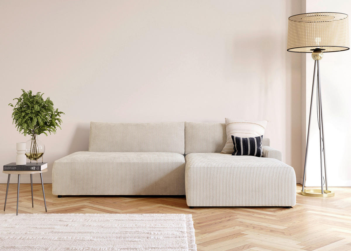 ECKSCHLAFSOFA  mit Schlafen auf Sitzhöhe, Rücken echt, Armteil rechts Cord Creme  - Creme/Schwarz, MODERN, Kunststoff/Textil (253/167cm) - Trendmanufaktur