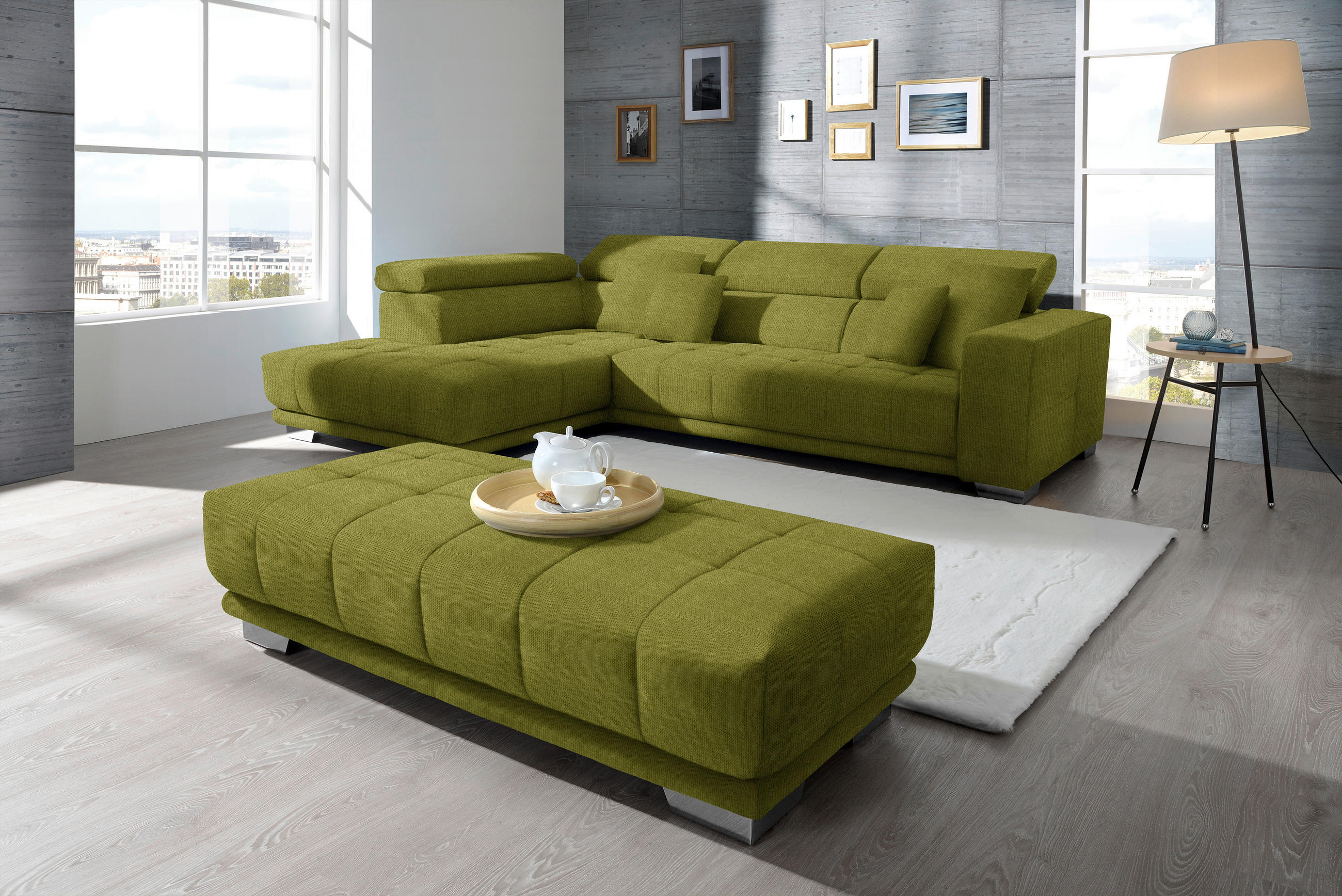 ECKSOFA in Mikrofaser Hellgrün  - Chromfarben/Hellgrün, Design, Textil/Metall (207/301cm) - Xora