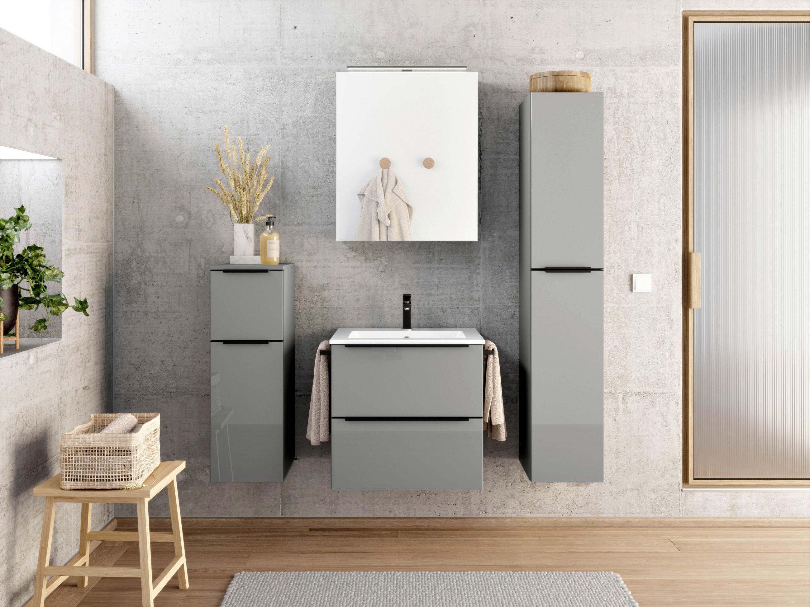 BADEZIMMER 5-teilig  in 121 cm  - Schieferfarben/Edelstahlfarben, MODERN, Holzwerkstoff/Stein (121cm) - Nobilia