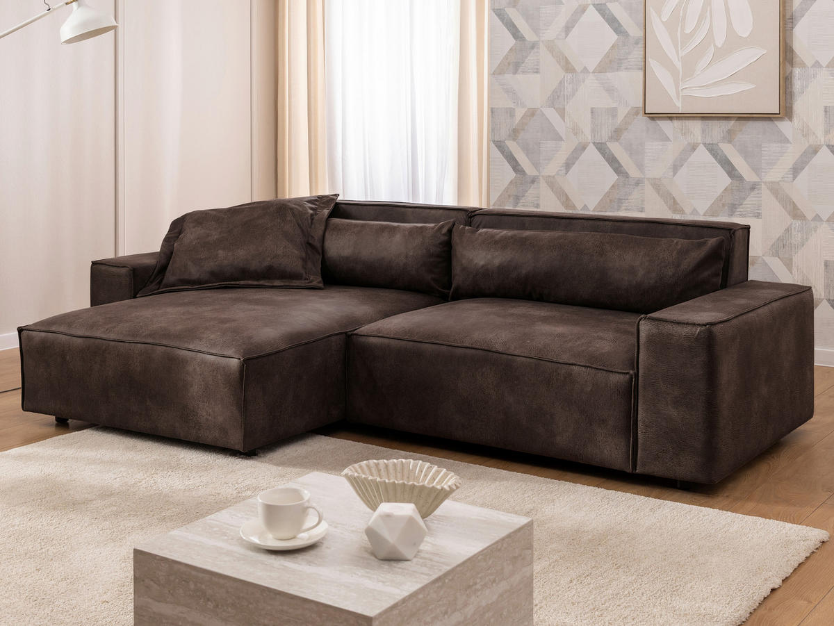 ECKSOFA Curduroy in Lederlook Dunkelbraun Rückenkissen  251/142 cm  - Dunkelbraun/Schwarz, Design, Kunststoff/Textil (251/142cm) - P & B