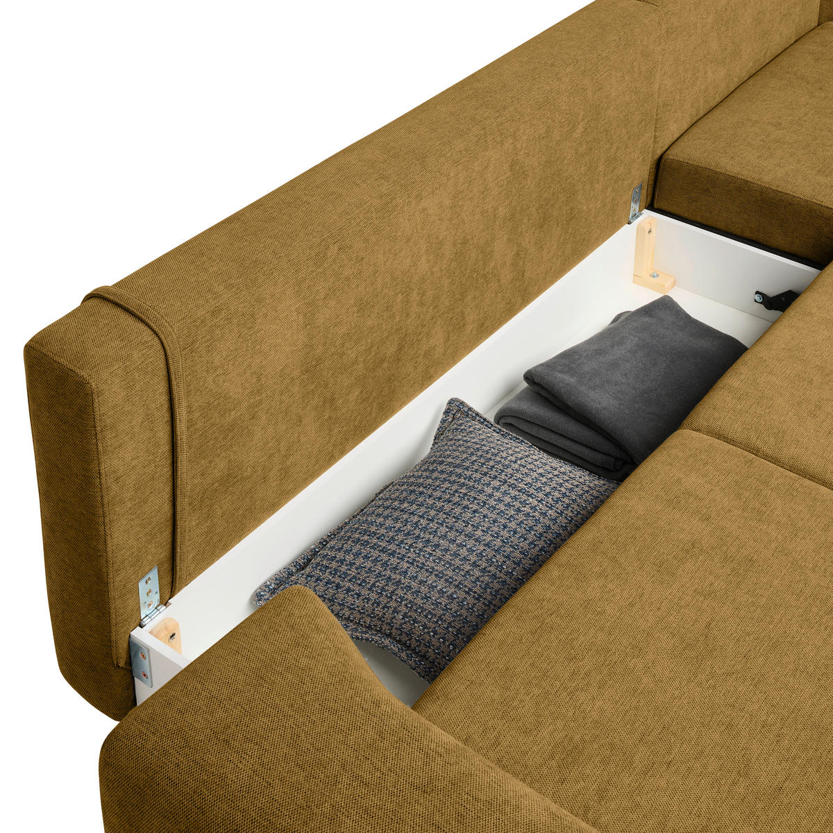 ECKSOFA inkl. Funktionen Senfgelb Webstoff Rückenkissen, Bettkasten, Schlaffunktion, Rücken echt  - Wengefarben/Senfgelb, Design, Holz/Textil (314/211cm) - Stylife
