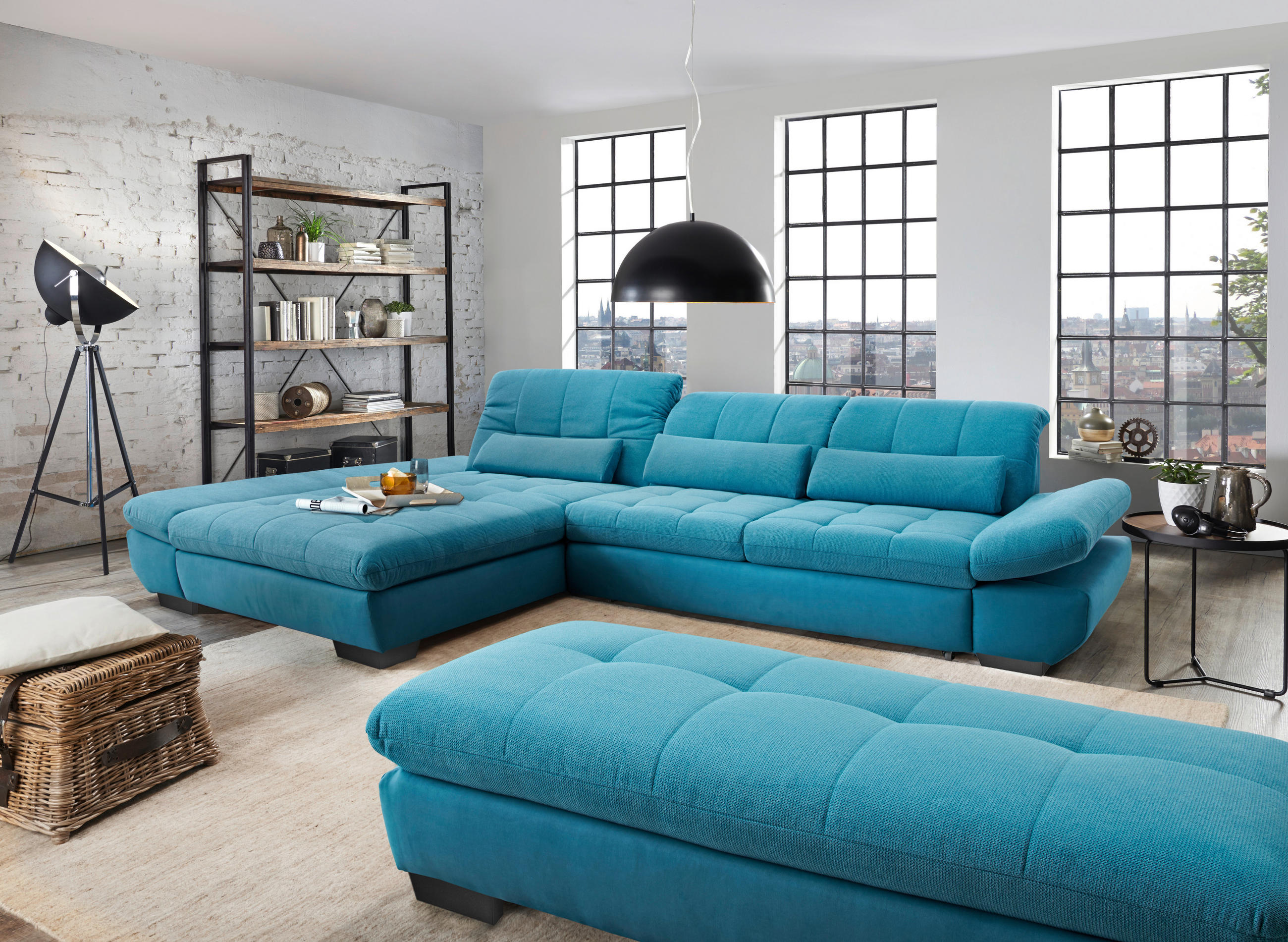 WOHNLANDSCHAFT Türkis Webstoff, Flachgewebe - Türkis/Schwarz, Design, Textil (204/341cm) - Xora