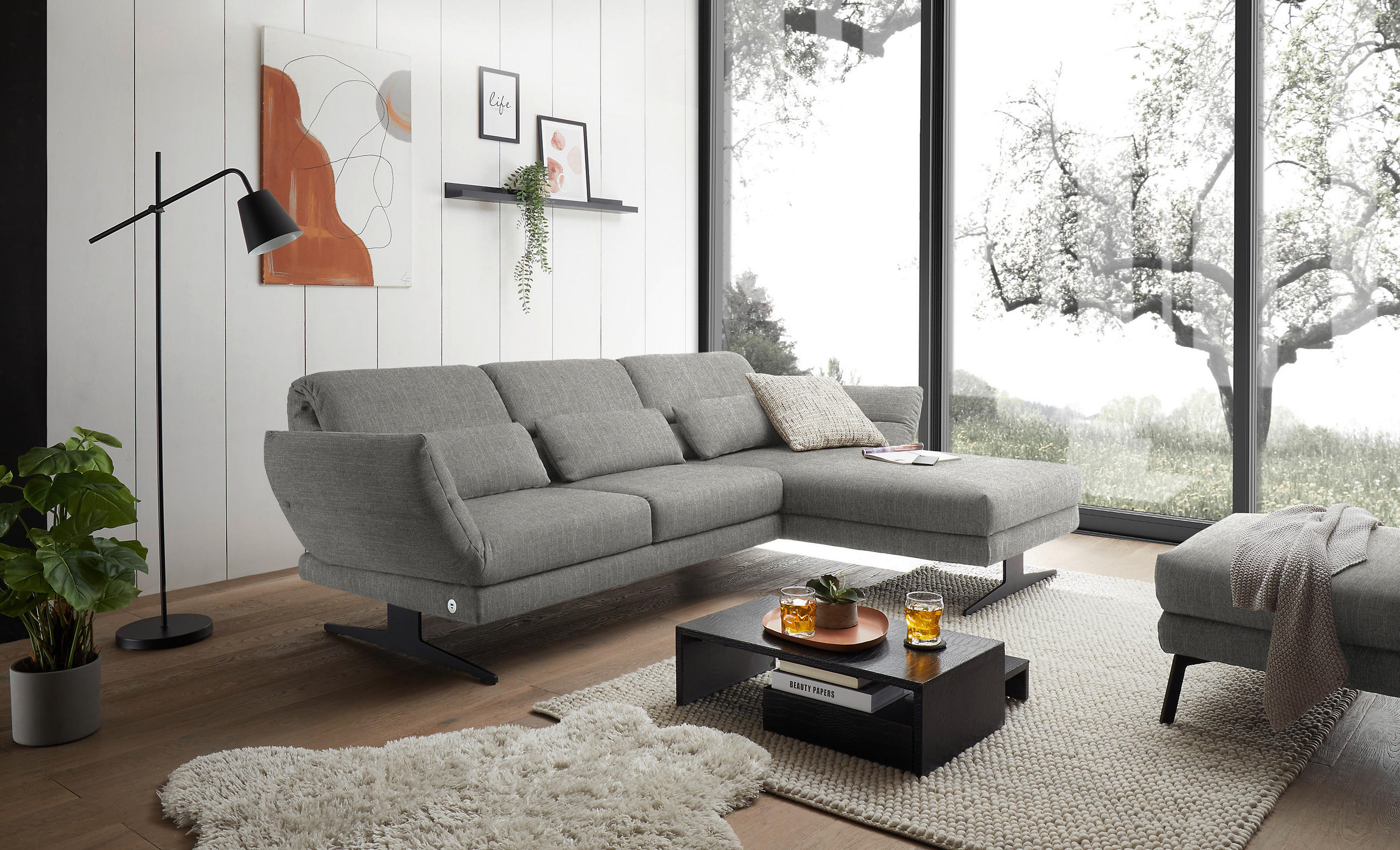 ECKSOFA in Flachgewebe Hellgrau  279-327/176-217 cm  - Hellgrau/Schwarz, Design, Textil/Metall (279-327/176-217cm) - Dieter Knoll