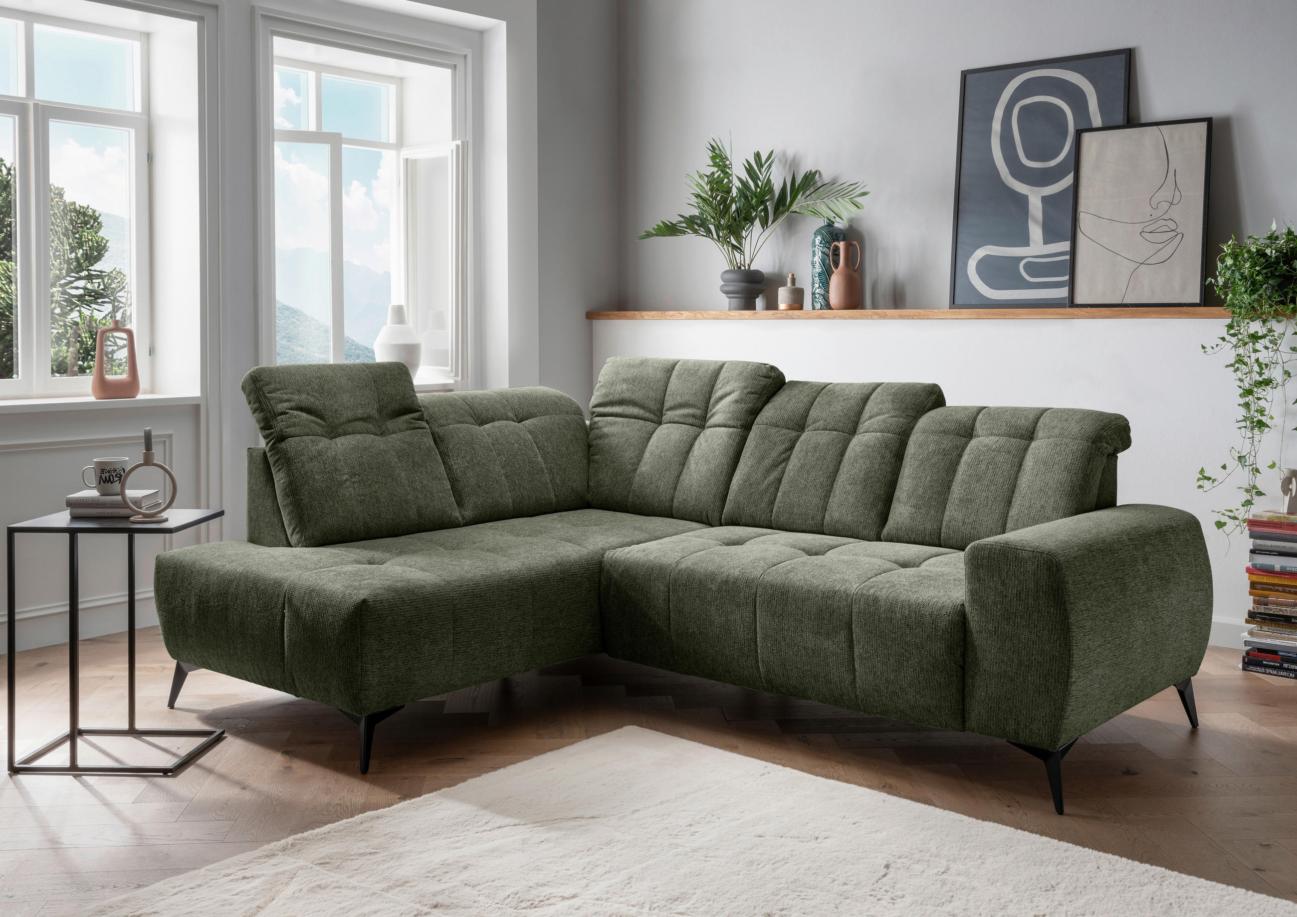 ECKSOFA Grün Chenille Rücken echt, Kopfteilverstellung, Sitzvorzug  - Schwarz/Grün, MODERN, Textil/Metall (200/261cm) - Livetastic