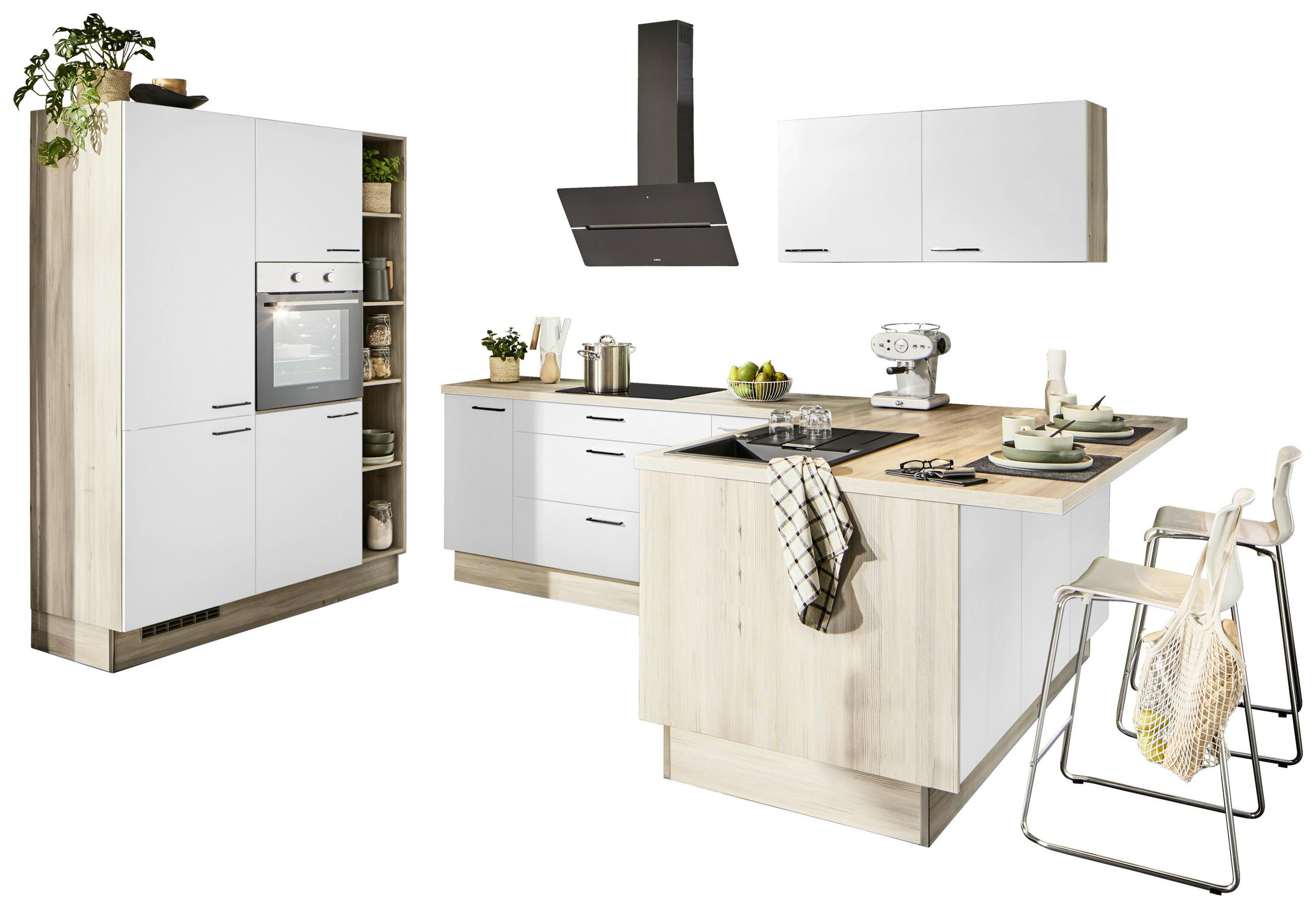 ECKKÜCHE XO 21  in Weiß, Tannenholzfarben  - Tannenholzfarben/Schwarz, Design, Holzwerkstoff/Metall (150/280/121,6cm) - Xora