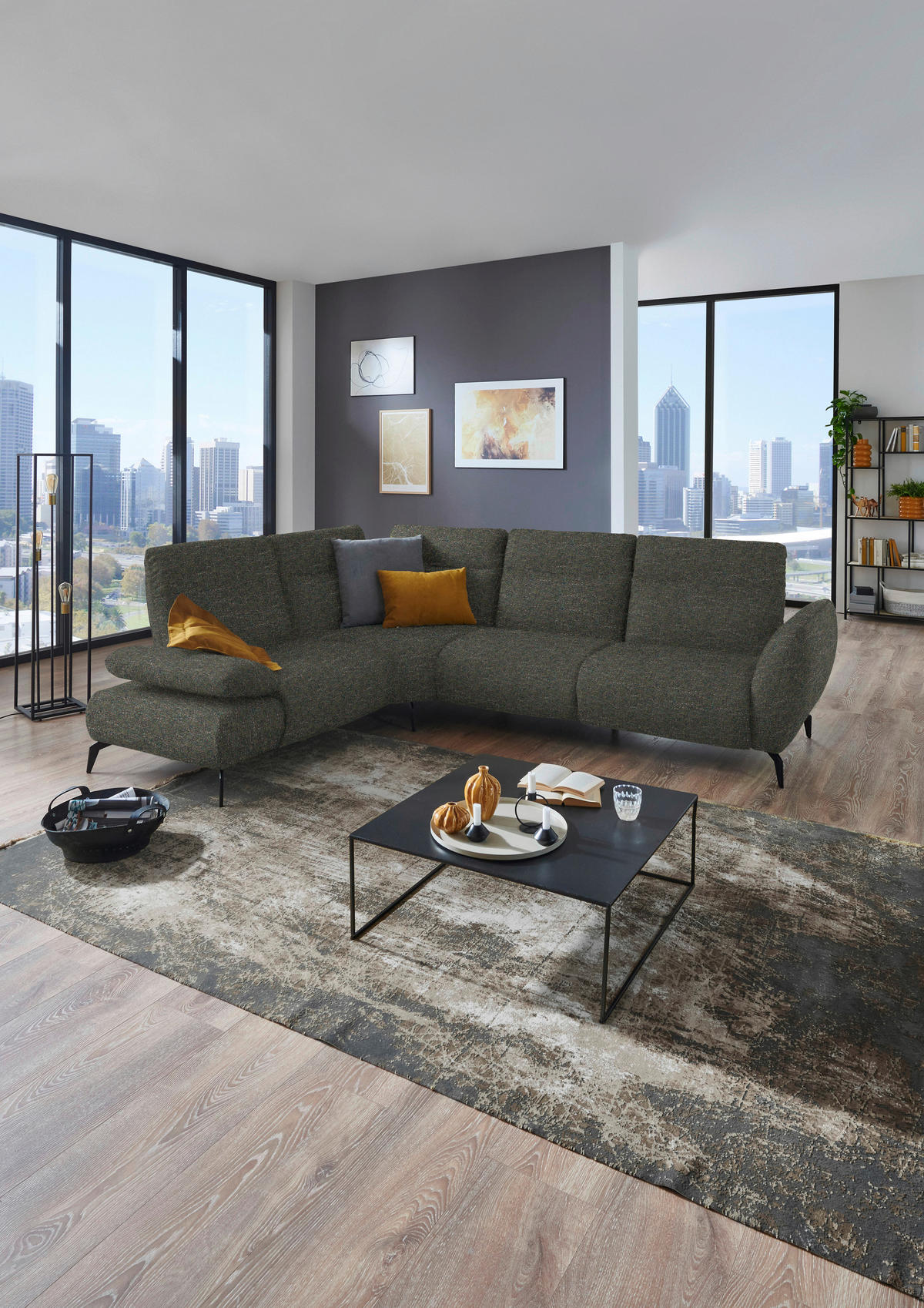 ECKSOFA in Webstoff Khaki  - Khaki/Schwarz, Design, Textil/Metall (223/290cm) - Moderano