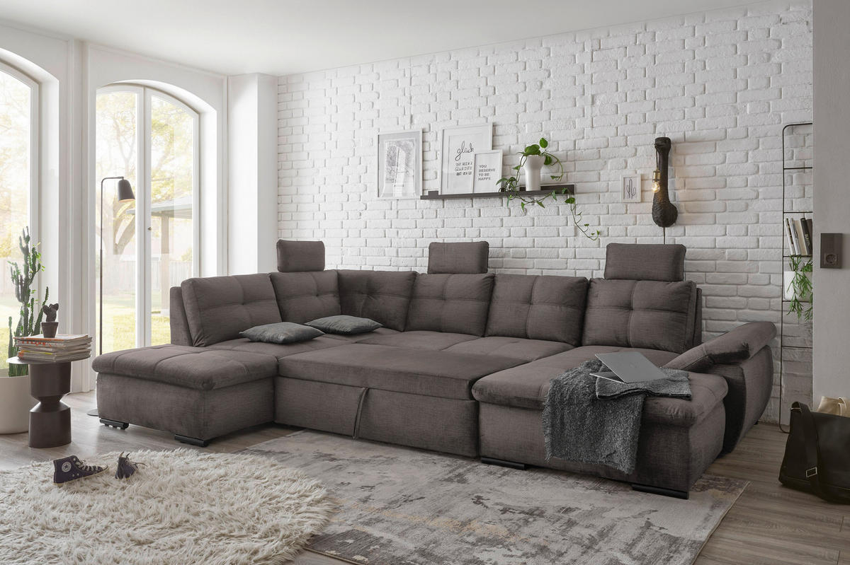 WOHNLANDSCHAFT in Mikrovelours Graubraun  - Graubraun/Schwarz, KONVENTIONELL, Kunststoff/Textil (217/334/127cm) - Carryhome