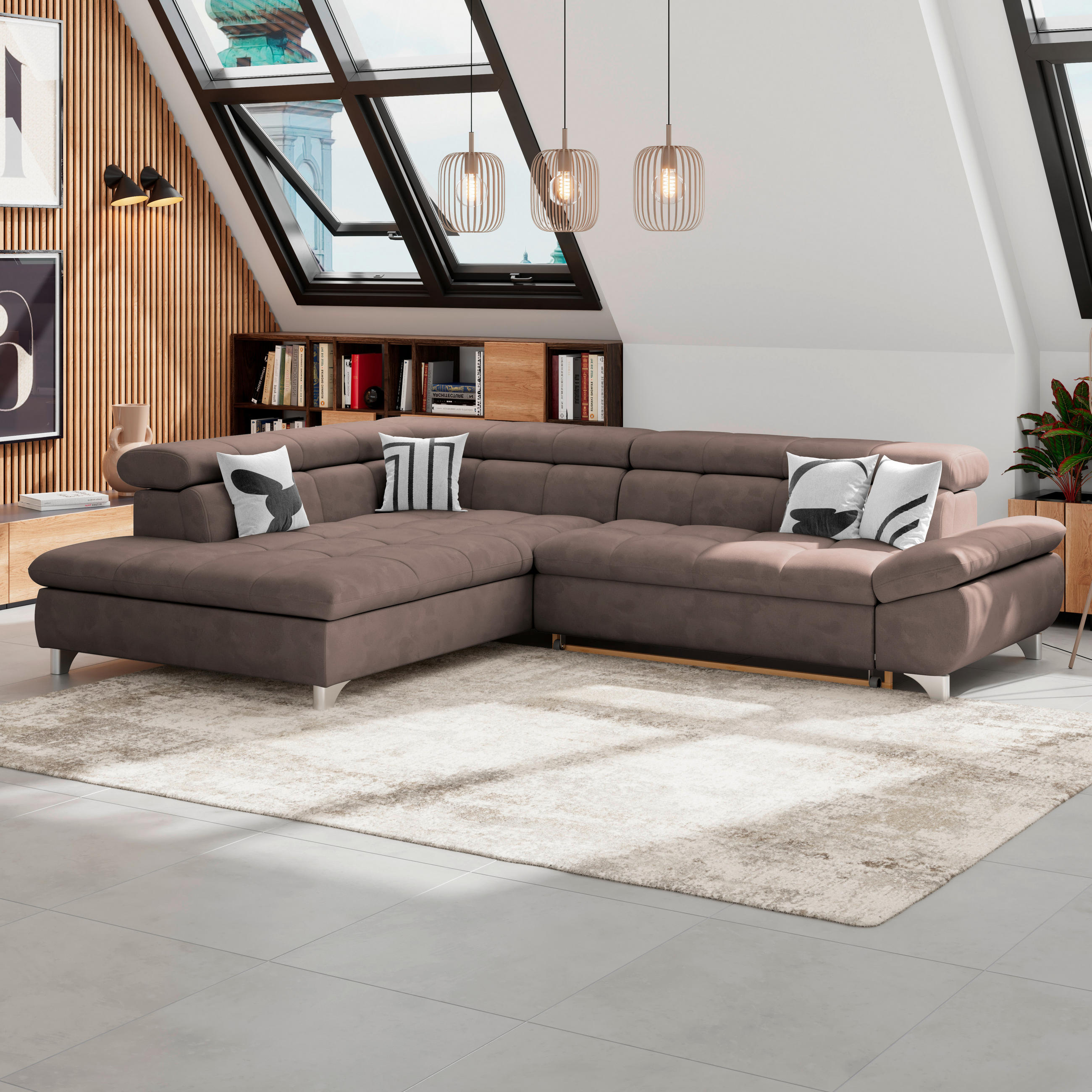 ECKSOFA Dunkelbraun Chenille  - Chromfarben/Dunkelbraun, KONVENTIONELL, Textil/Metall (234/312cm) - Livetastic