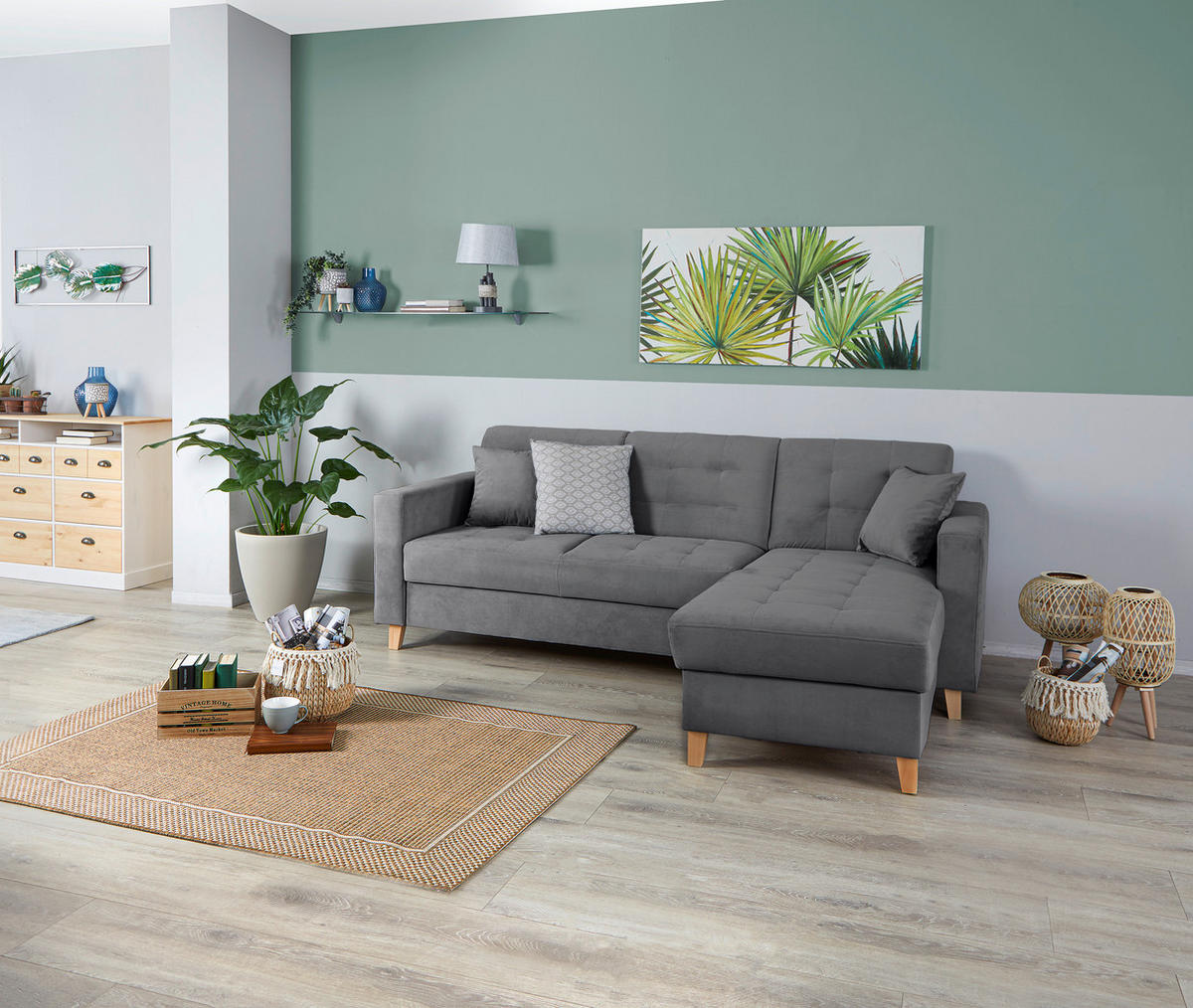 ECKSOFA Samt Dunkelgrau  - Dunkelgrau/Naturfarben, Design, Holz/Textil (231/160cm) - Livetastic