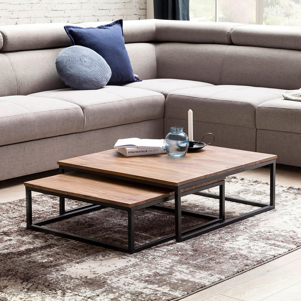 COUCHTISCHSET Sheesham massiv quadratisch Sheeshamfarben - Sheeshamfarben/Schwarz, Design, Holz/Metall (75/75/27cm) - MID.YOU
