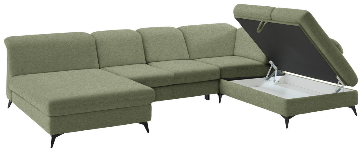 WOHNLANDSCHAFT  in Chenille Olivgrün  - Schwarz/Olivgrün, Design, Textil/Metall (198/369/255cm) - Beldomo Style