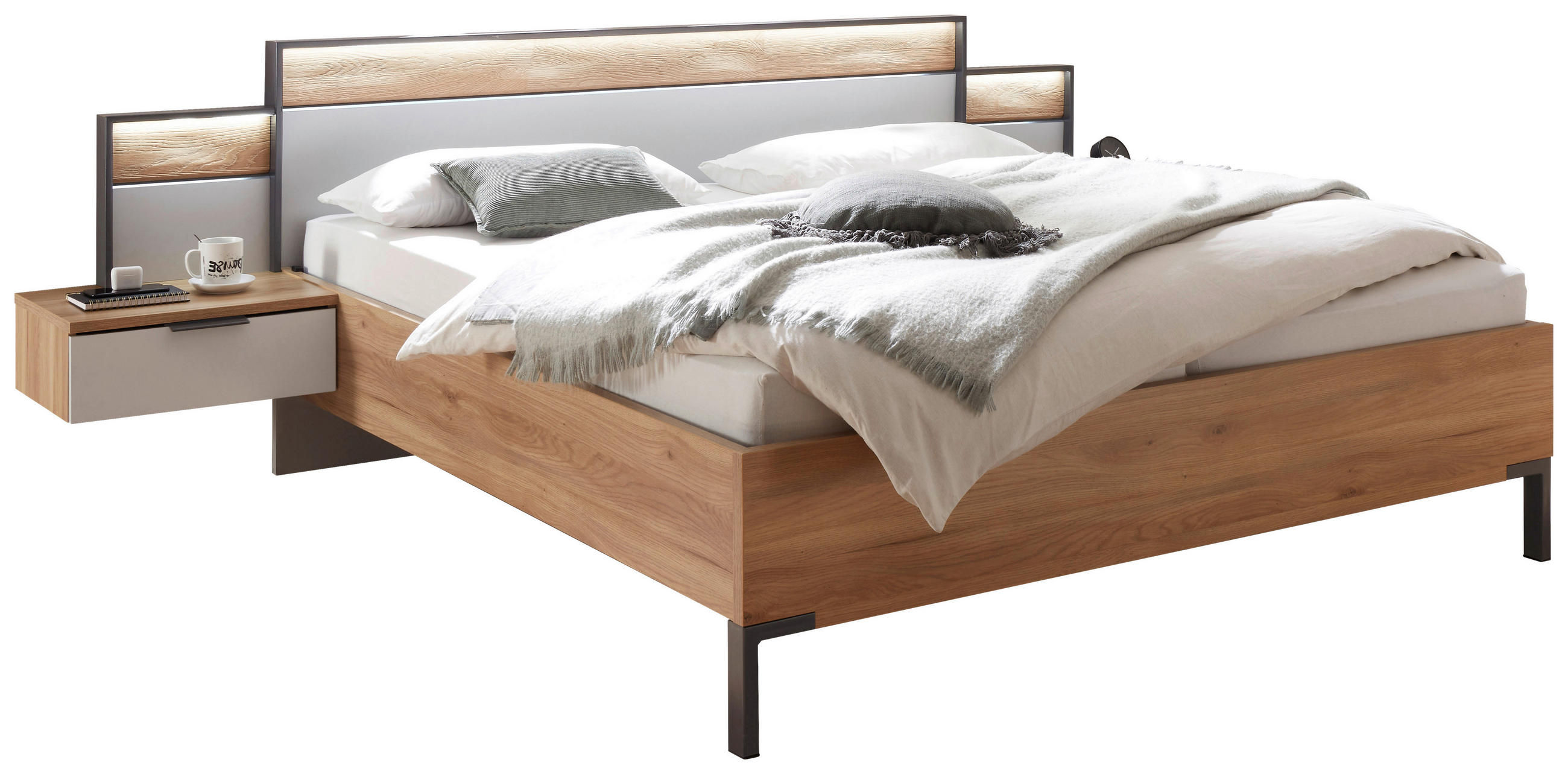 SET PAT CU NOPTIERE 180/200 cm  in gri deschis, culoare lemn stejar, grafit   - gri deschis/culoare lemn stejar, Design, lemn/material pe bază de lemn (180/200cm) - Xora