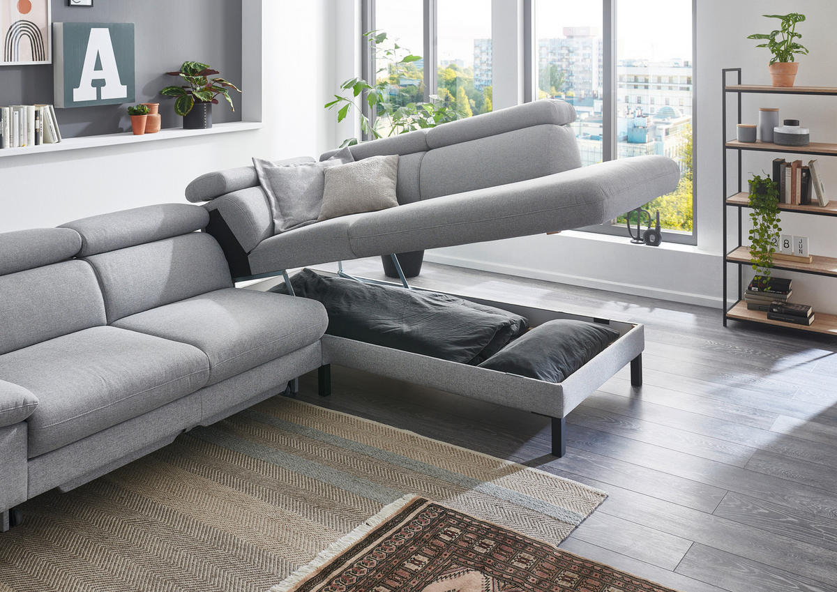 ECKSOFA in Flachgewebe Hellgrau  - Hellgrau/Schwarz, Design, Holzwerkstoff/Textil (272/217cm) - Pure Home Comfort