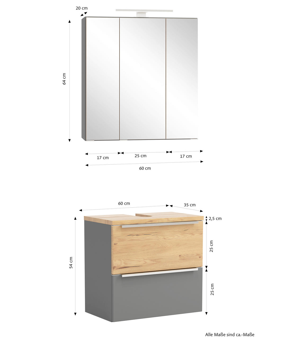 BADEZIMMER 2-teilig  in 60 cm  - Wildeiche/Edelstahlfarben, Trend, Glas/Holzwerkstoff (60cm) - Held