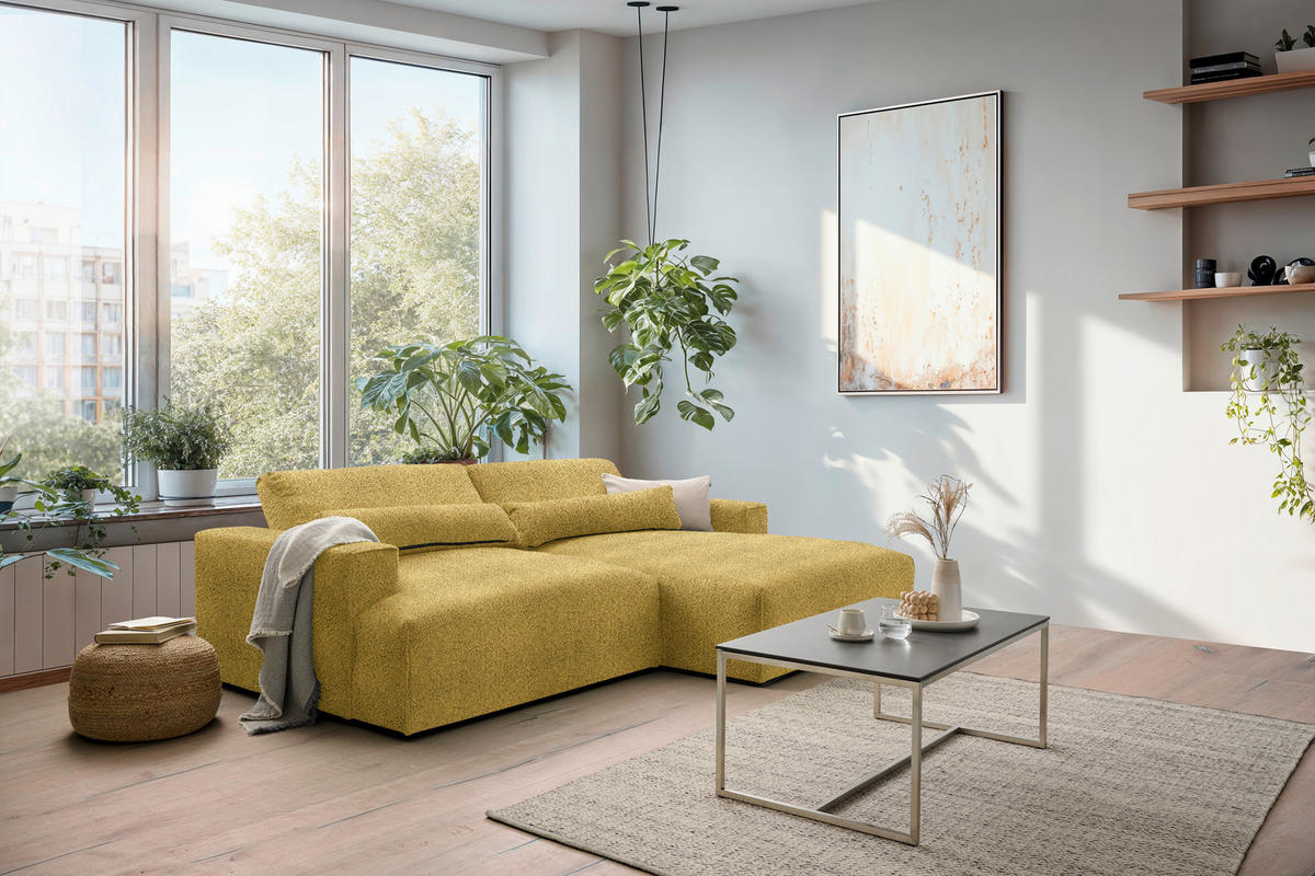 ECKSOFA Felicia in Chenille Currygelb  267/187 cm  - Currygelb/Schwarz, Design, Kunststoff/Textil (267/187cm) - Stylife