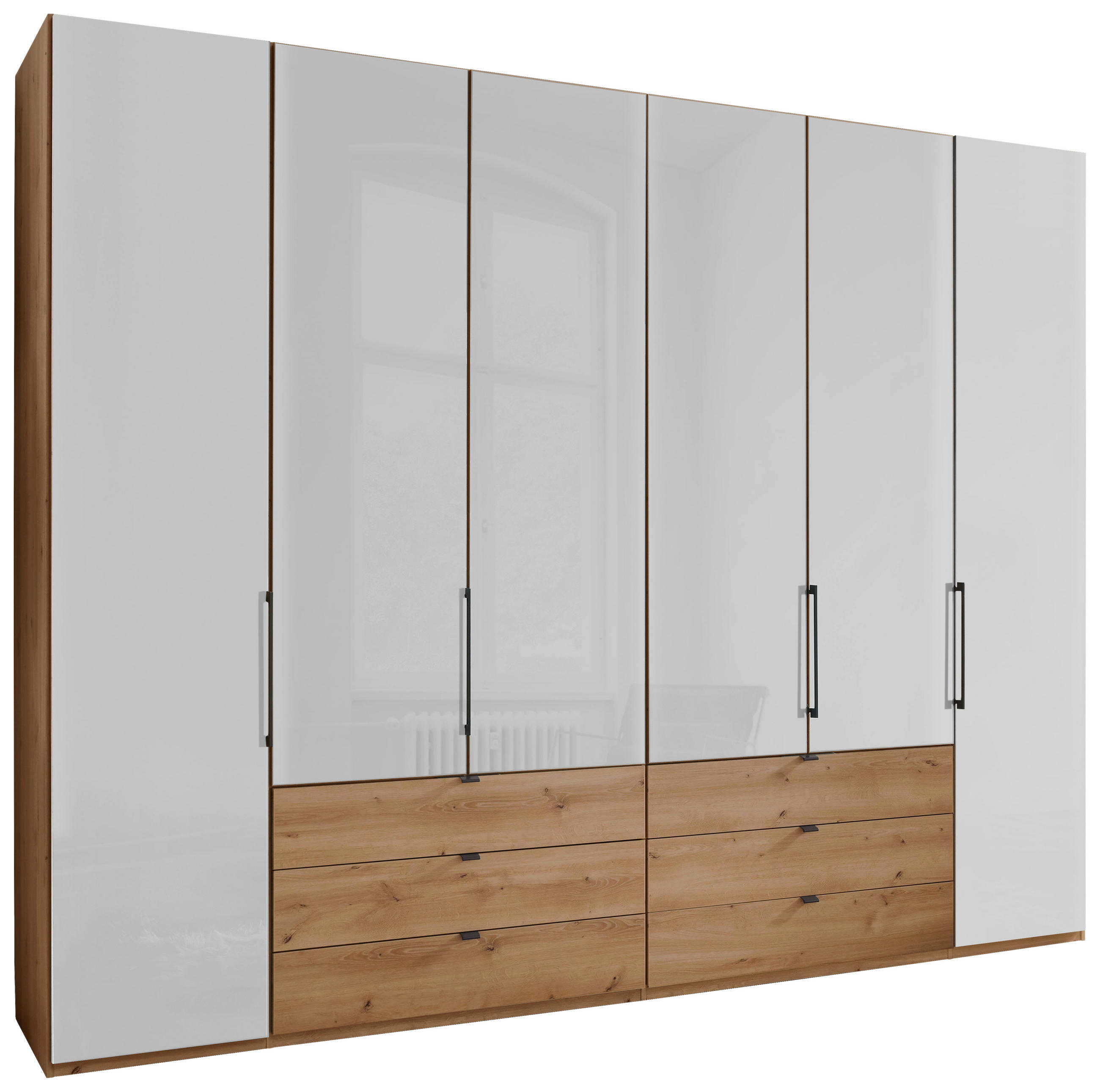 FALTTÜRENSCHRANK 300/216/58 cm 4-türig Weiß, Eiche Bianco  - Schieferfarben/Eiche Bianco, KONVENTIONELL, Glas/Holzwerkstoff (300/216/58cm) - Dieter Knoll