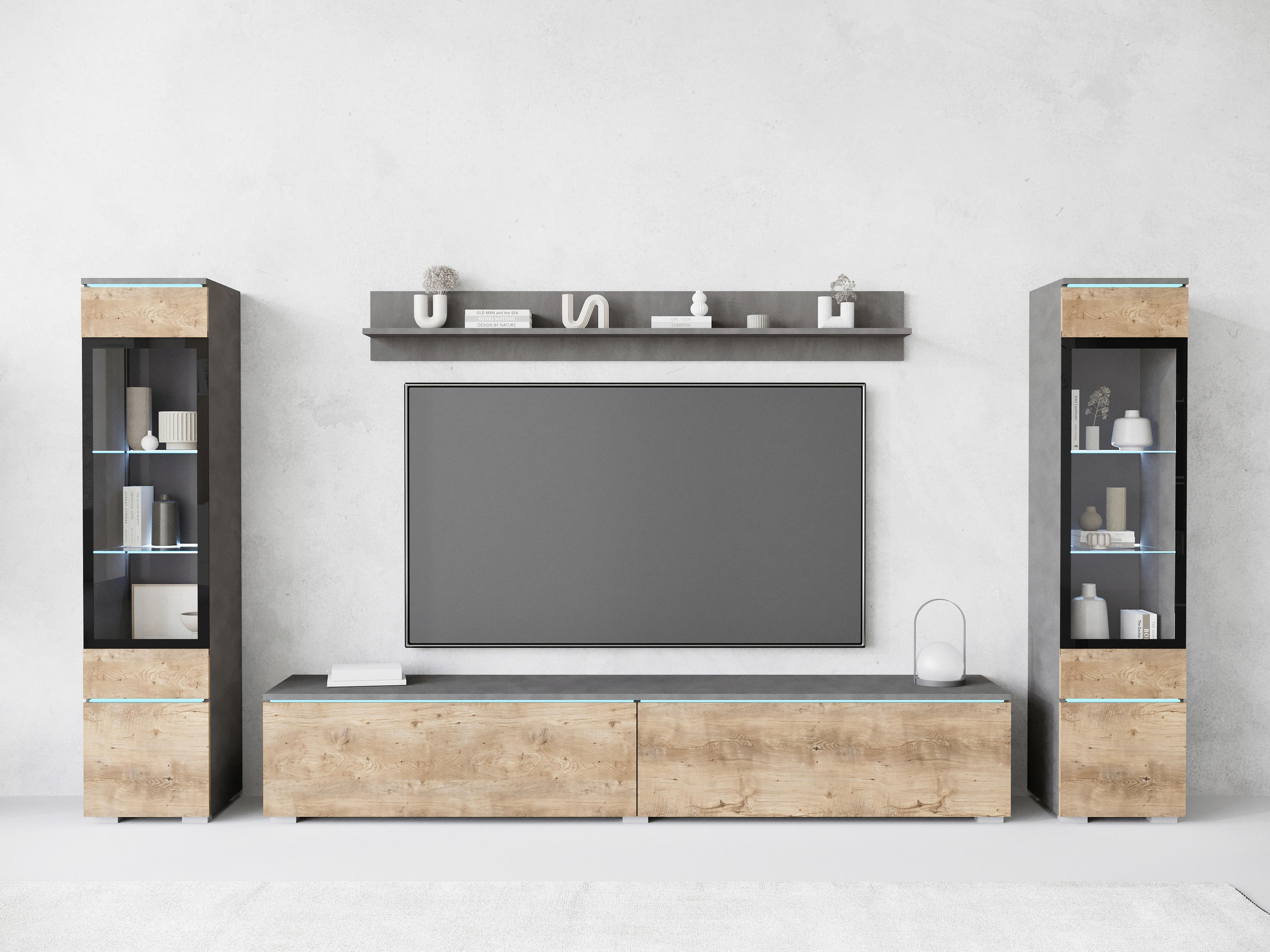 WOHNWAND Vera 4-teilig  in Anthrazit, Kastanieneichefarben  240/130/33 cm  - Kastanieneichefarben/Anthrazit, Trend, Glas/Holzwerkstoff (240/130/33cm) - P & B