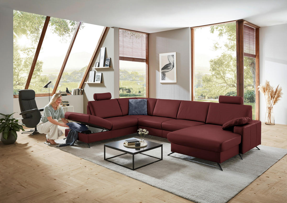 WOHNLANDSCHAFT in Echtleder Brombeere  - Brombeere/Schwarz, Design, Leder/Metall (233/339/165cm) - Beldomo Premium