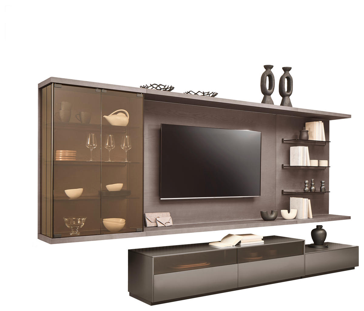 WOHNWAND  in Grau, Eiche dunkel 349,2/182/46 cm  - Eiche dunkel/Grau, Design, Glas/Holz (349,2/182/46cm) - Emilio Belluti