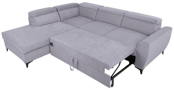 ECKSOFA Grau Velours Bettkasten, Schlaffunktion, Rücken echt, Kopfteilverstellung, Liegefläche im Originalstoff  - Schwarz/Grau, KONVENTIONELL, Textil/Metall (217/255cm) - Carryhome