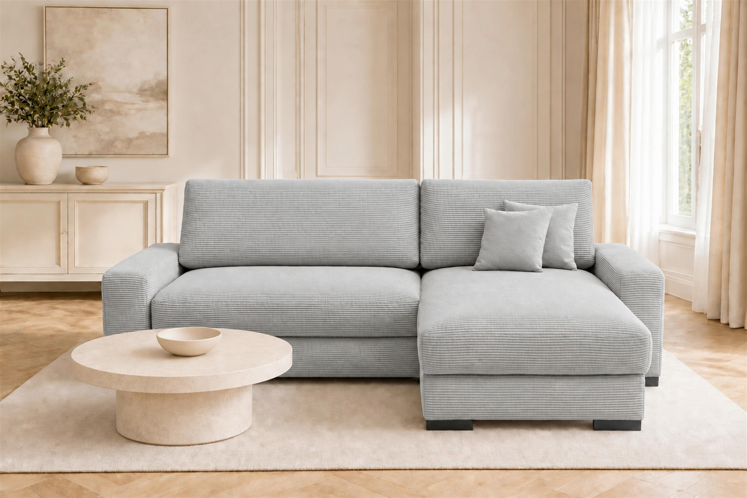 ECKSOFA COOPER Hellgrau Cord Zierkissen, Bettkasten, Schlaffunktion, Topper  - Hellgrau/Schwarz, Basics, Holz/Textil (264/184cm) - MID.YOU